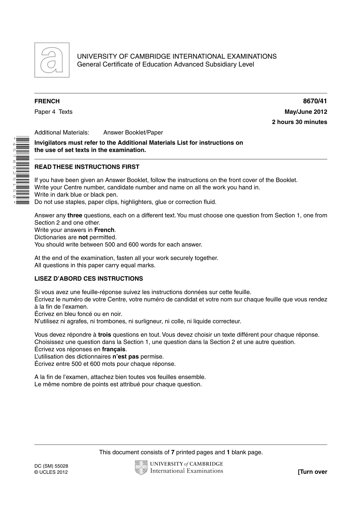 Cambridge A Level French - Literature (AS Level only) 8670 2012 May/June Paper 4 · Variant 1 question paper, page 1 of 8