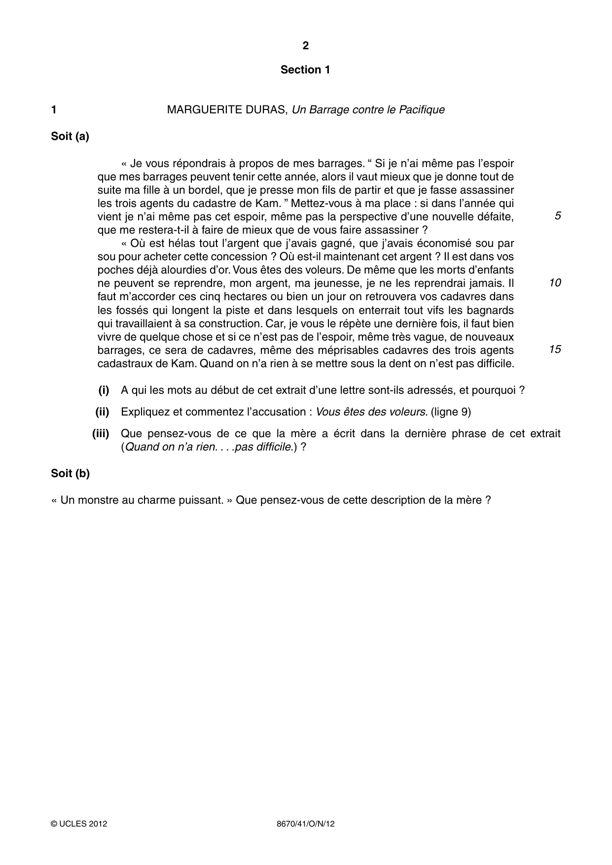 Cambridge A Level French - Literature (AS Level only) 8670 2012 Oct/Nov Paper 4 · Variant 1 question paper, page 2 of 8