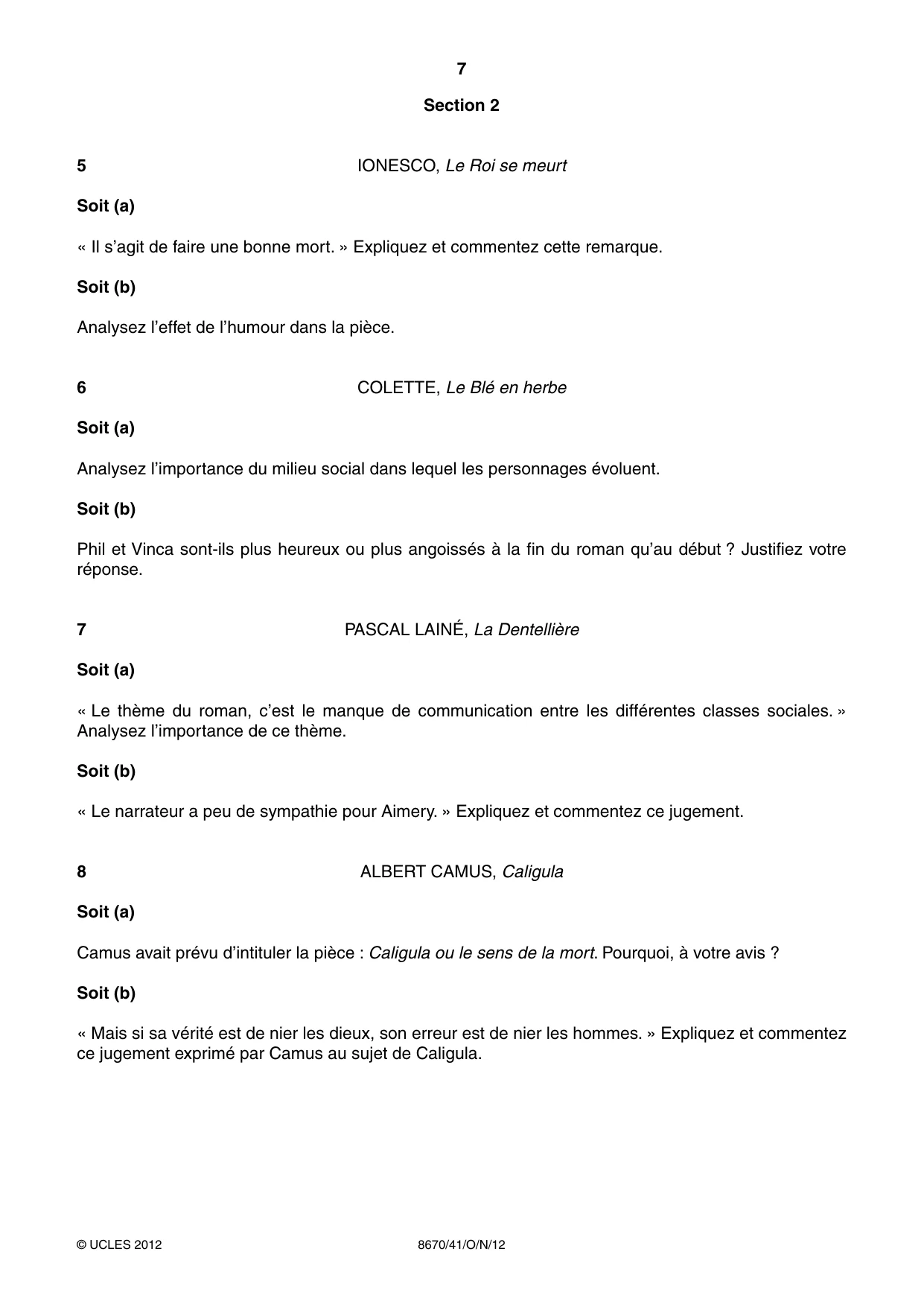Cambridge A Level French - Literature (AS Level only) 8670 2012 Oct/Nov Paper 4 · Variant 1 question paper, page 7 of 8