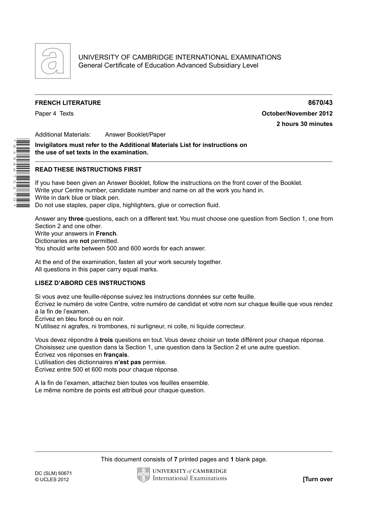 Cambridge A Level French - Literature (AS Level only) 8670 2012 Oct/Nov Paper 4 · Variant 3 question paper, page 1 of 8