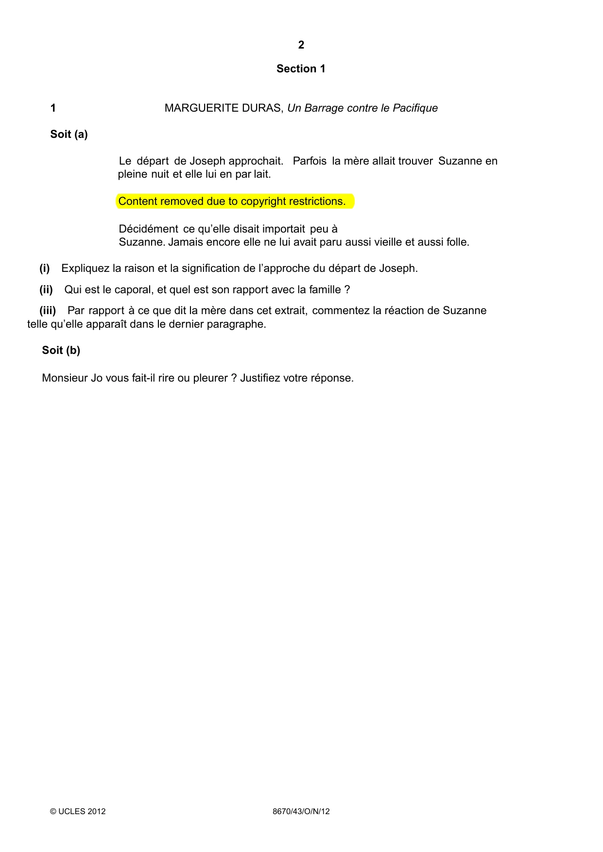 Cambridge A Level French - Literature (AS Level only) 8670 2012 Oct/Nov Paper 4 · Variant 3 question paper, page 2 of 8