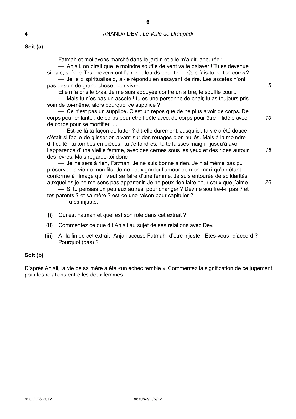 Cambridge A Level French - Literature (AS Level only) 8670 2012 Oct/Nov Paper 4 · Variant 3 question paper, page 6 of 8