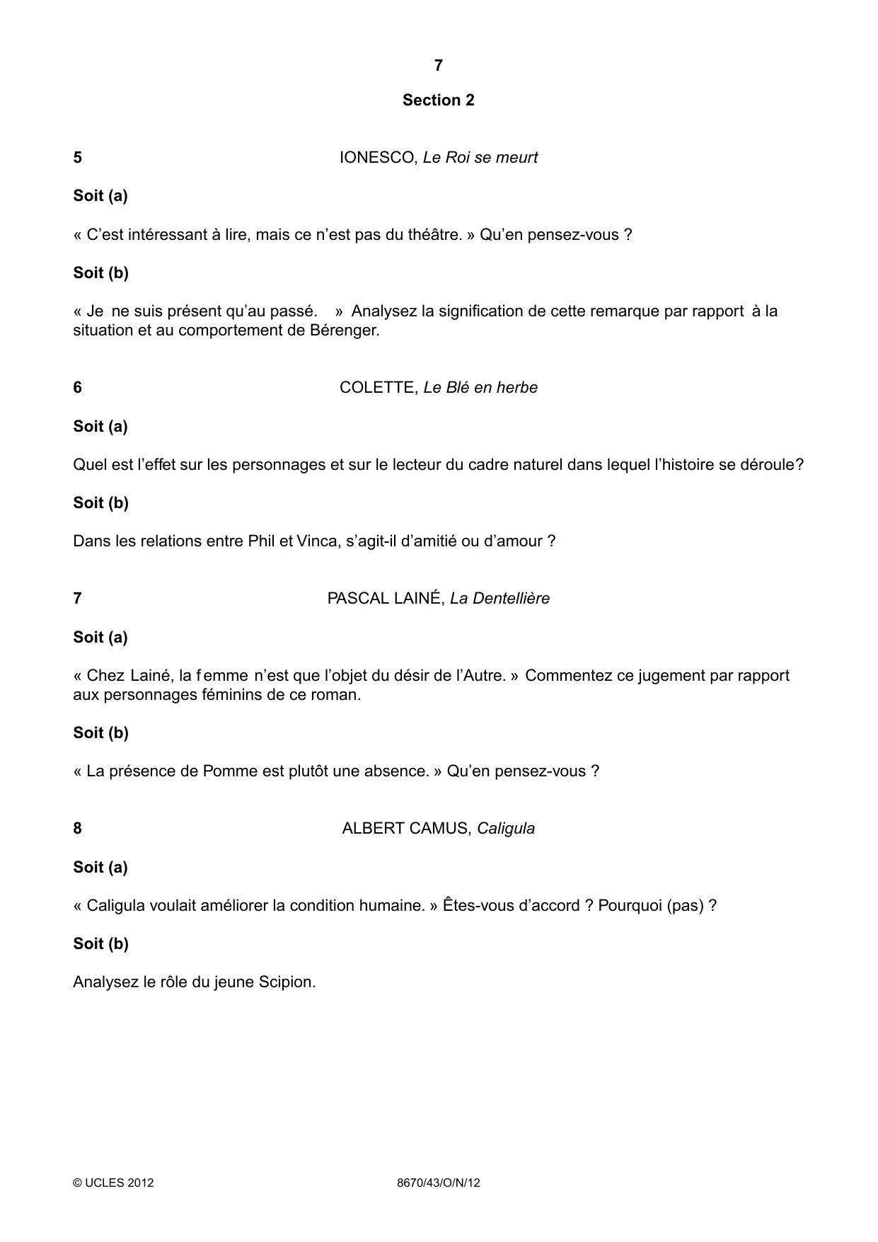 Cambridge A Level French - Literature (AS Level only) 8670 2012 Oct/Nov Paper 4 · Variant 3 question paper, page 7 of 8