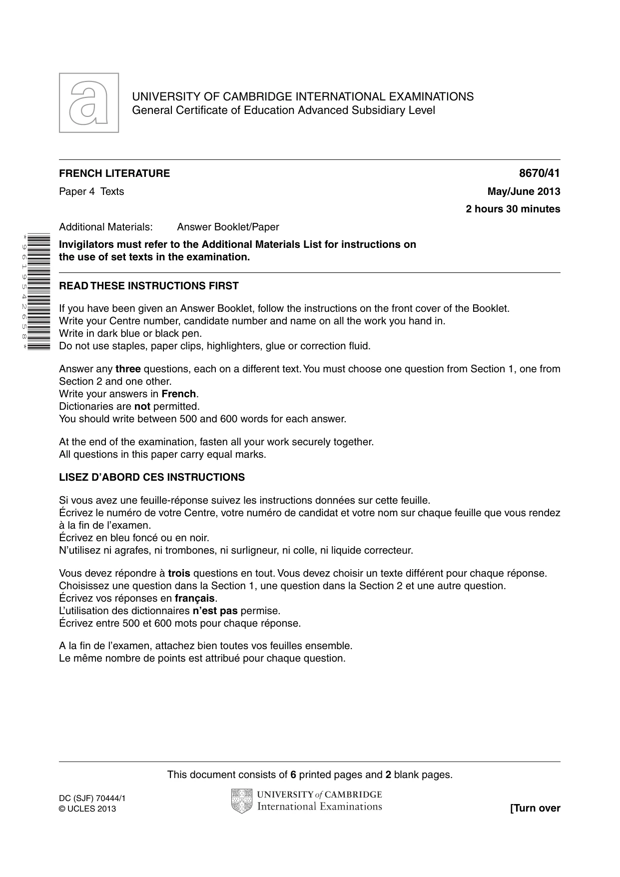 Cambridge A Level French - Literature (AS Level only) 8670 2013 May/June Paper 4 · Variant 1 question paper, page 1 of 8