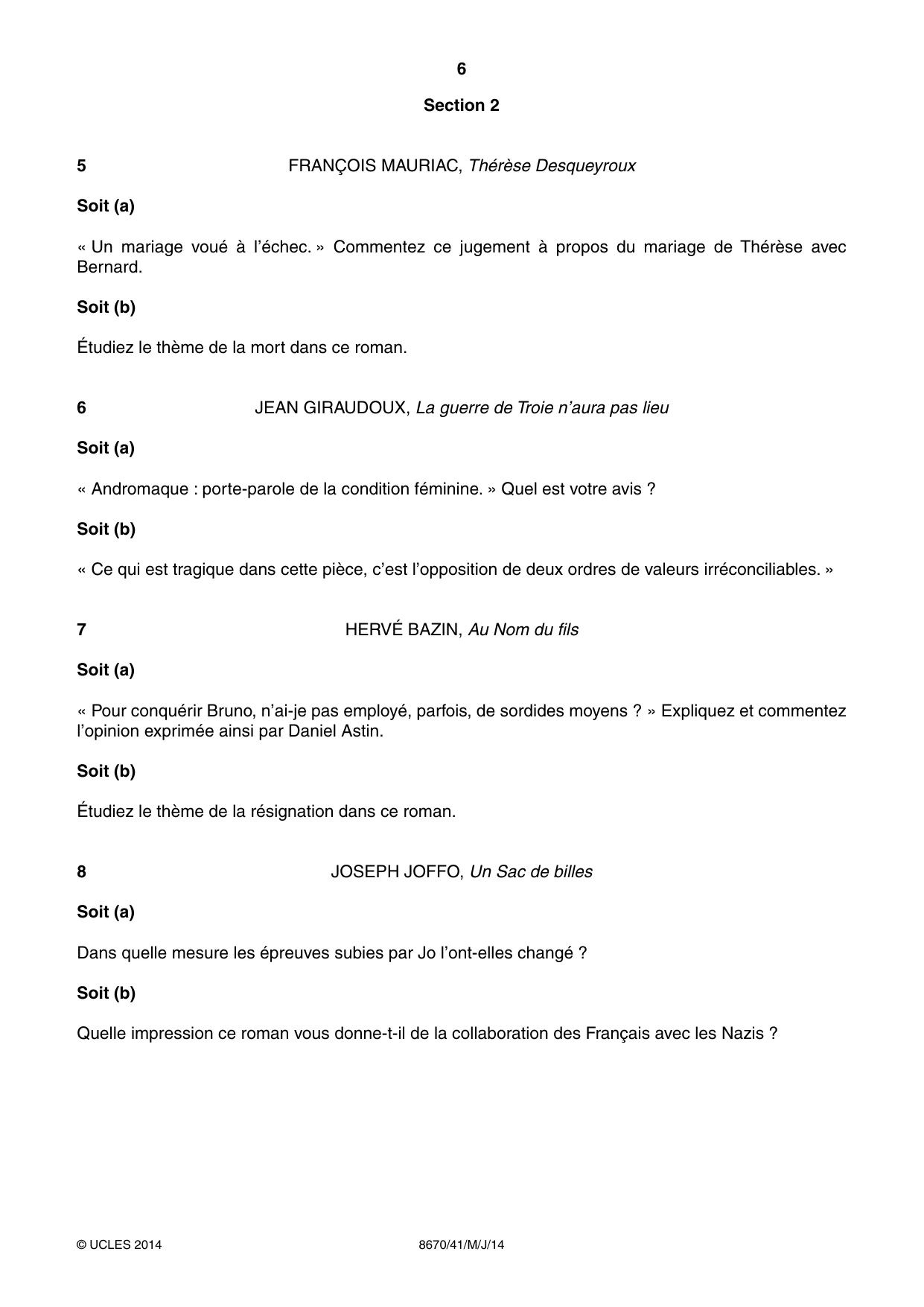 Cambridge A Level French - Literature (AS Level only) 8670 2014 May/June Paper 4 · Variant 1 question paper, page 6 of 8