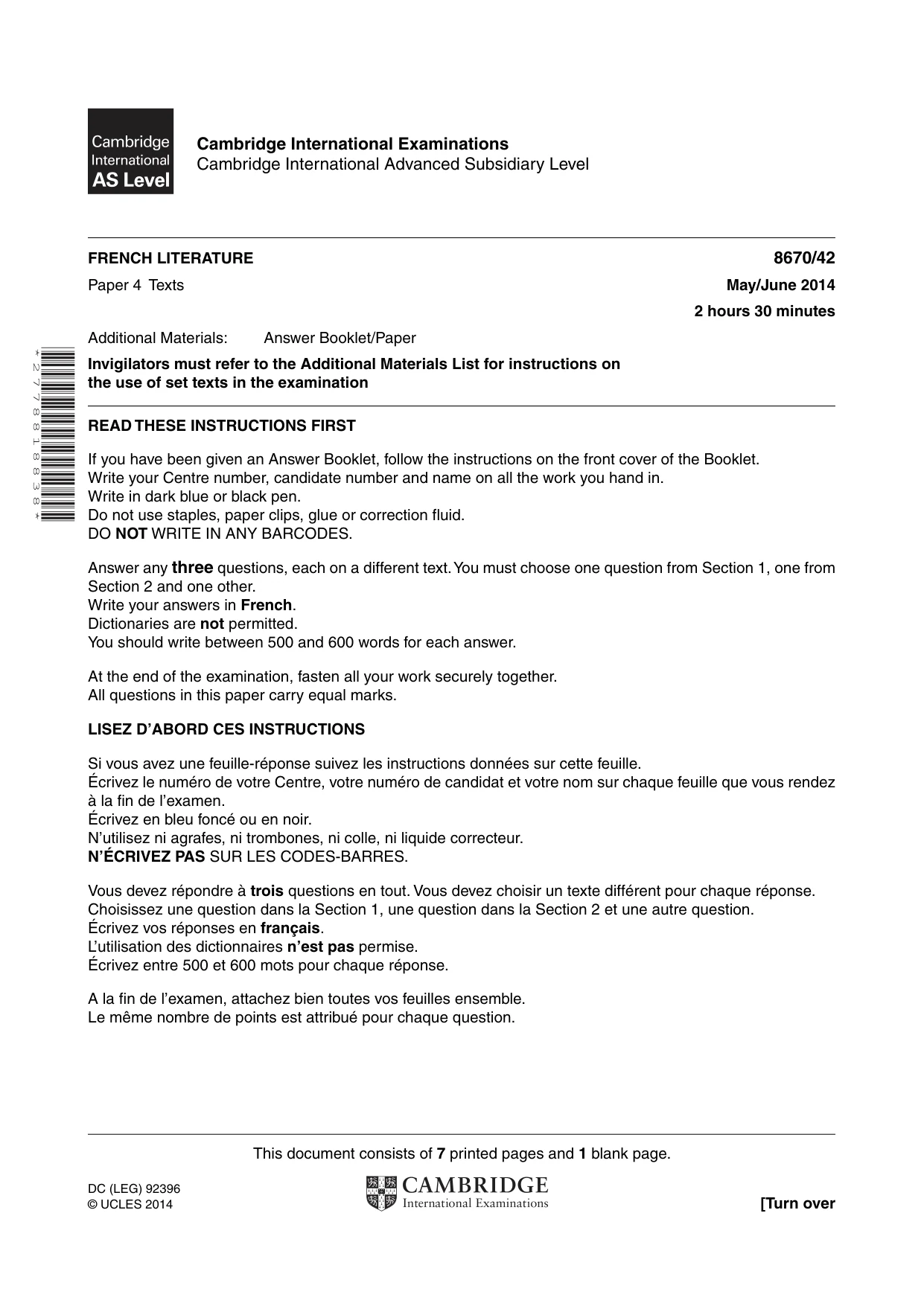Cambridge A Level French - Literature (AS Level only) 8670 2014 May/June Paper 4 · Variant 2 question paper, page 1 of 8