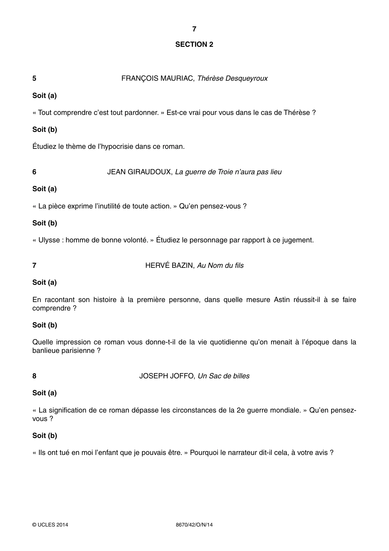 Cambridge A Level French - Literature (AS Level only) 8670 2014 Oct/Nov Paper 4 · Variant 2 question paper, page 7 of 8
