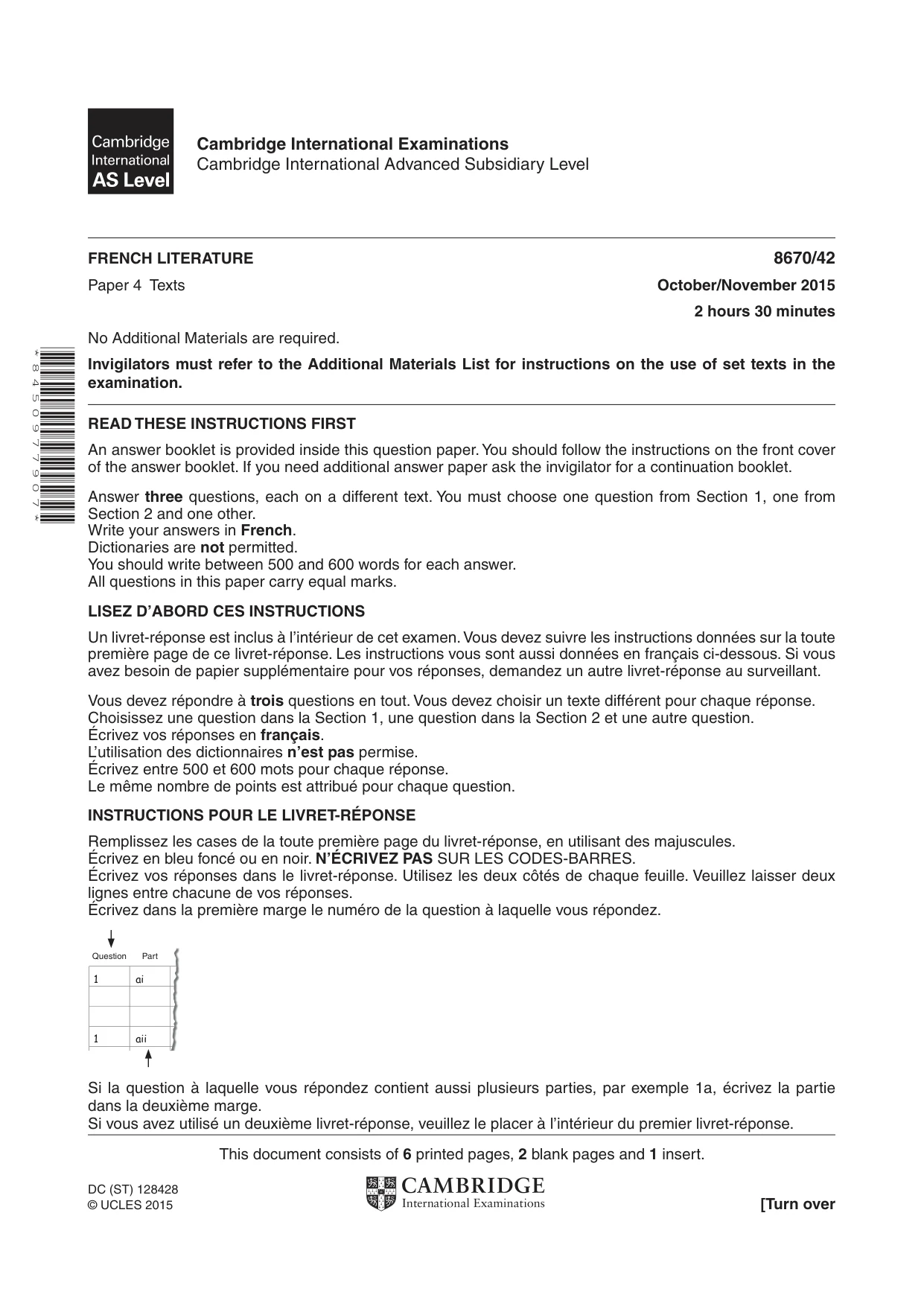 Cambridge A Level French - Literature (AS Level only) 8670 2015 Oct/Nov Paper 4 · Variant 2 question paper, page 1 of 8