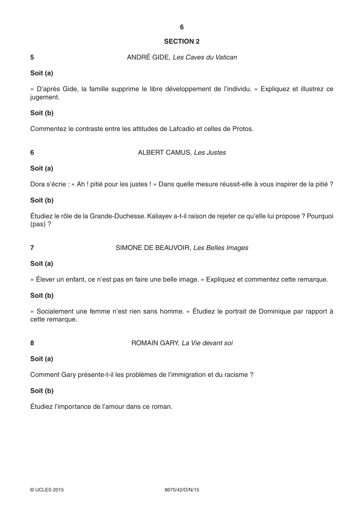 Cambridge A Level French - Literature (AS Level only) 8670 2015 Oct/Nov Paper 4 · Variant 2 question paper, page 6 of 8