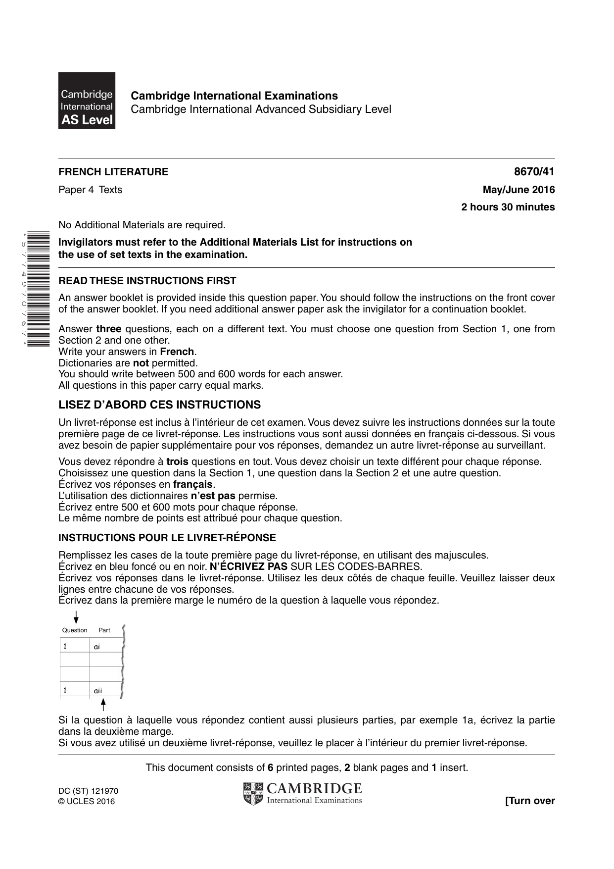 Cambridge A Level French - Literature (AS Level only) 8670 2016 May/June Paper 4 · Variant 1 question paper, page 1 of 8