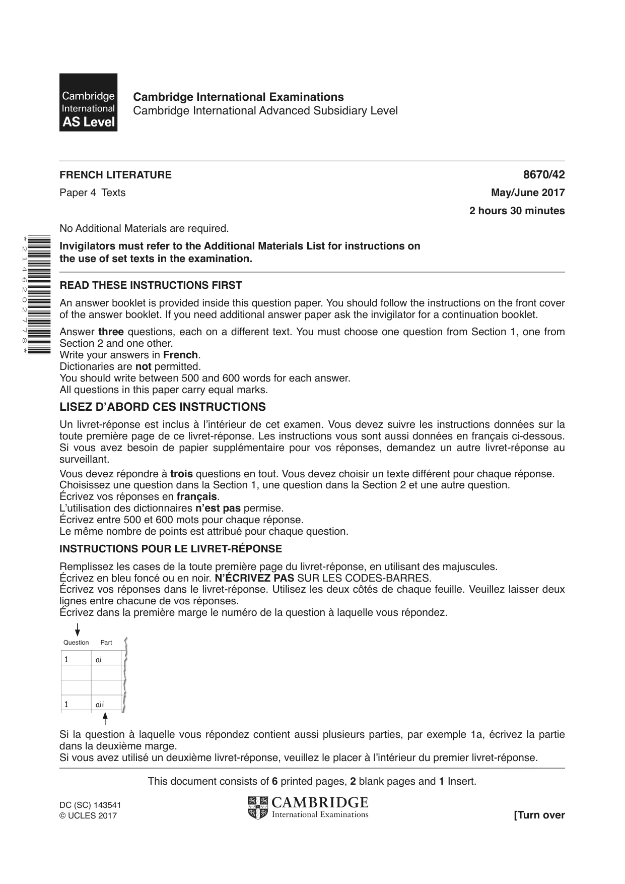 Cambridge A Level French - Literature (AS Level only) 8670 2017 May/June Paper 4 · Variant 2 question paper, page 1 of 8