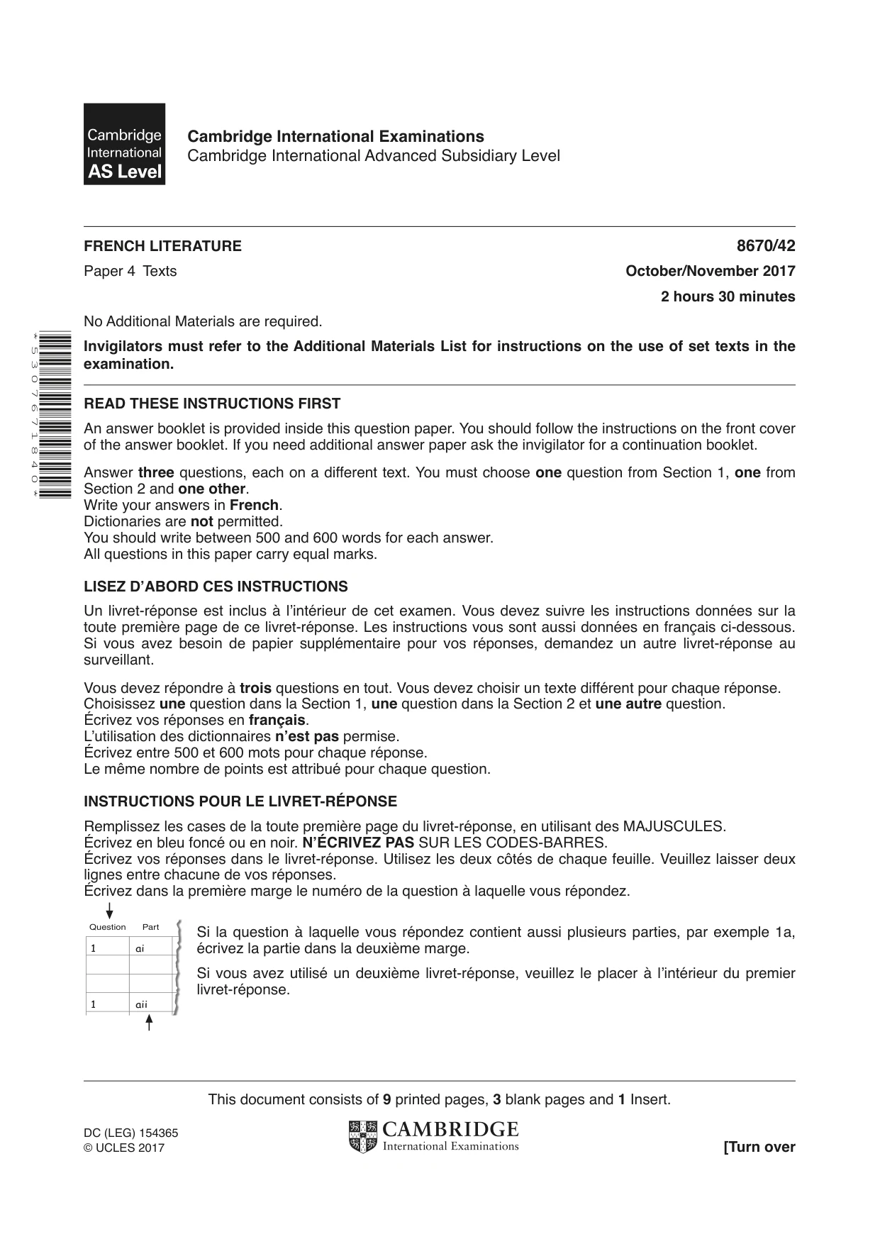 Cambridge A Level French - Literature (AS Level only) 8670 2017 Oct/Nov Paper 4 · Variant 2 question paper, page 1 of 12