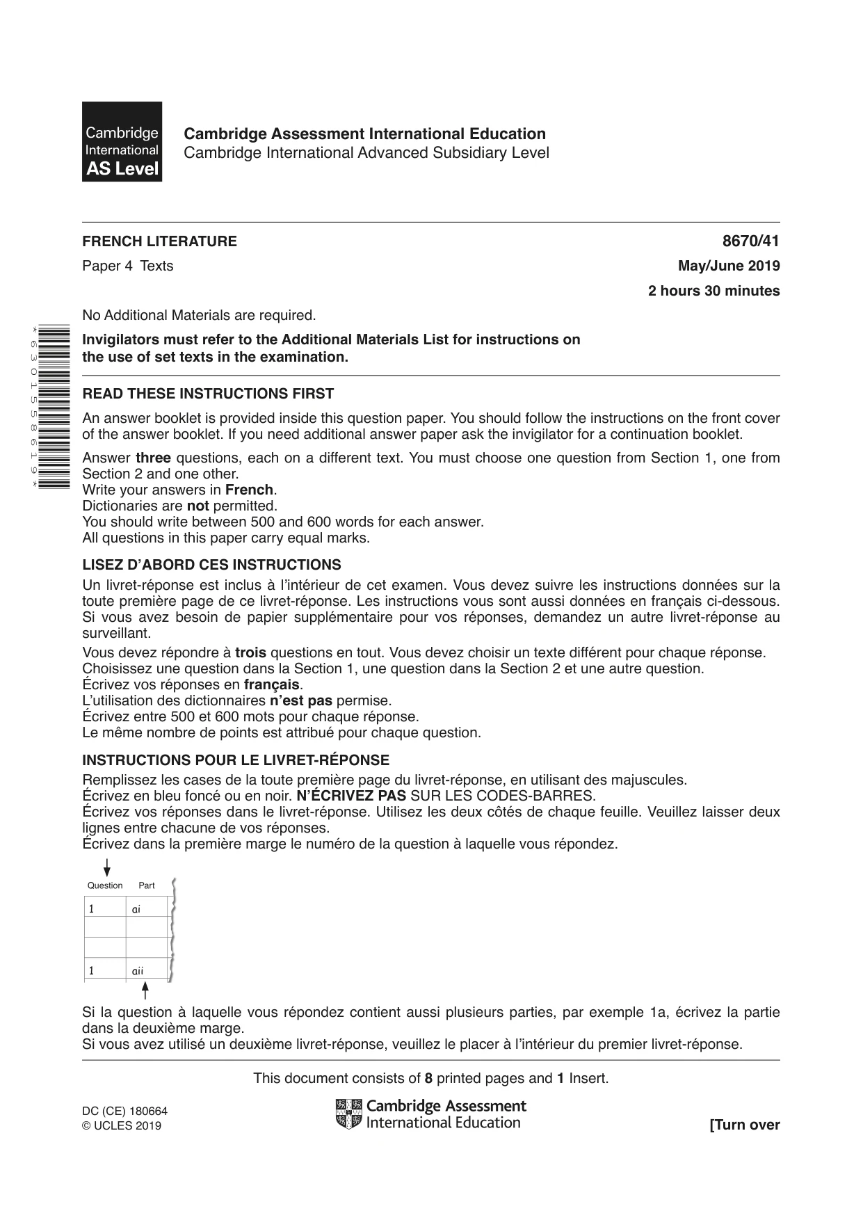 Cambridge A Level French - Literature (AS Level only) 8670 2019 May/June Paper 4 · Variant 1 question paper, page 1 of 8