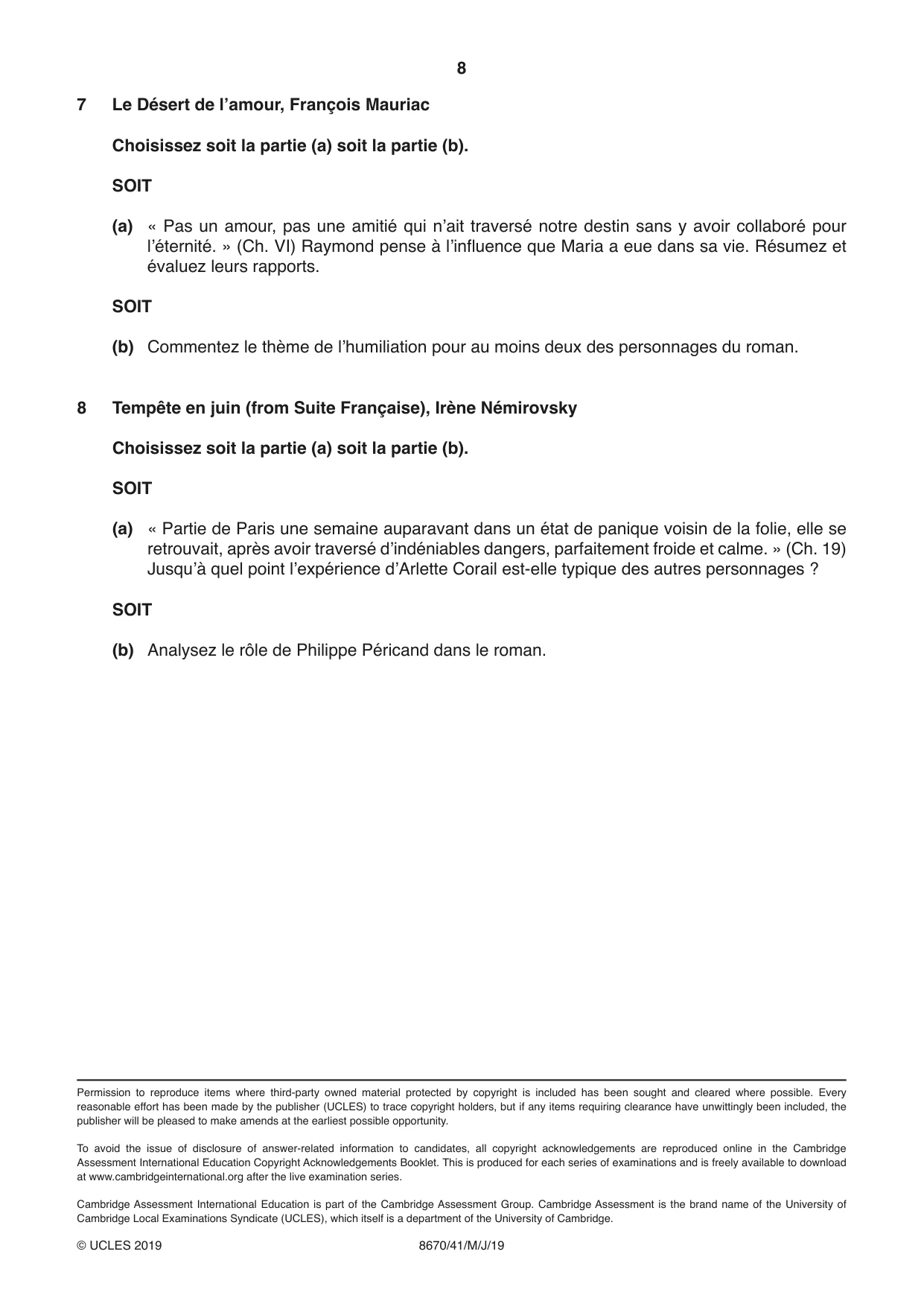 Cambridge A Level French - Literature (AS Level only) 8670 2019 May/June Paper 4 · Variant 1 question paper, page 8 of 8