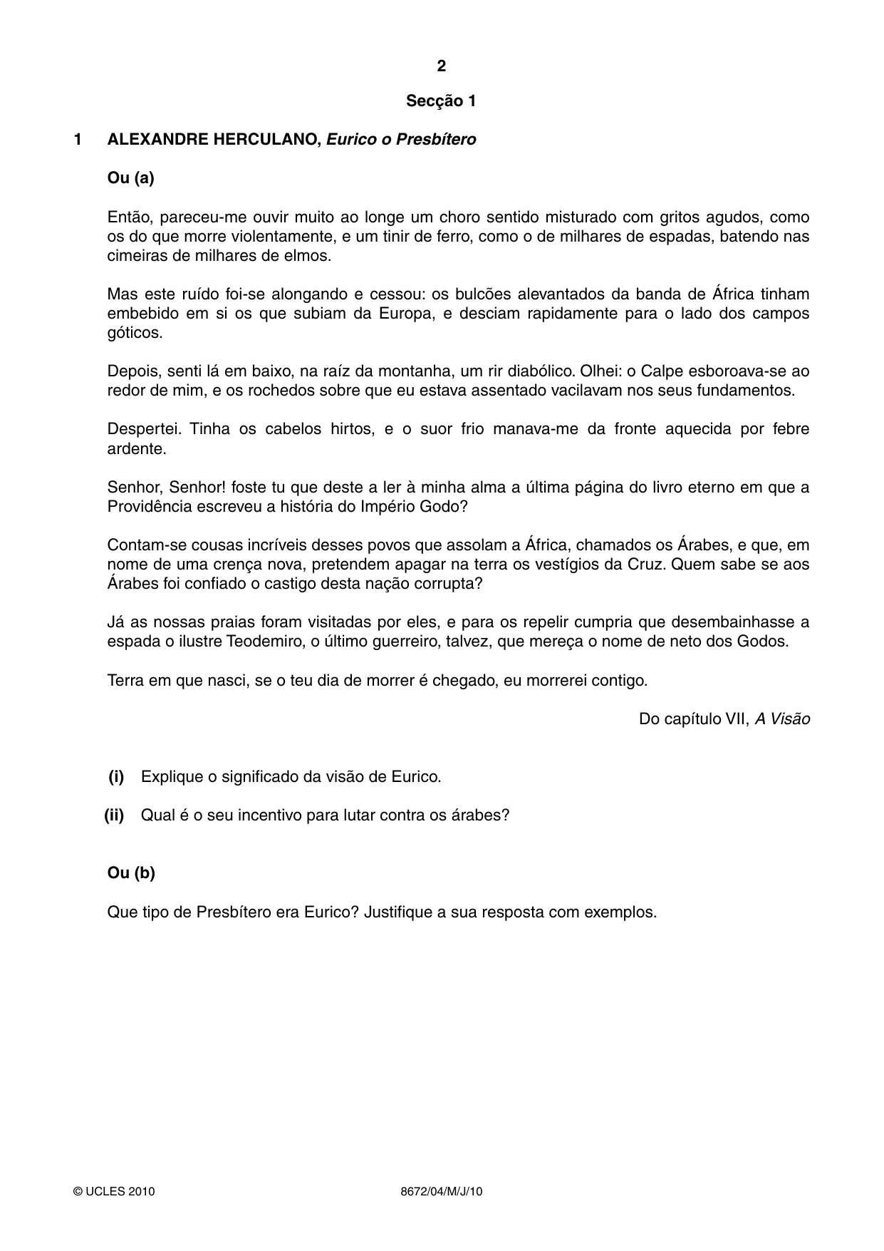 Cambridge A Level Portuguese - Literature (AS Level only) 8672 2010 May/June Paper 4 · Variant 1 question paper, page 2 of 8