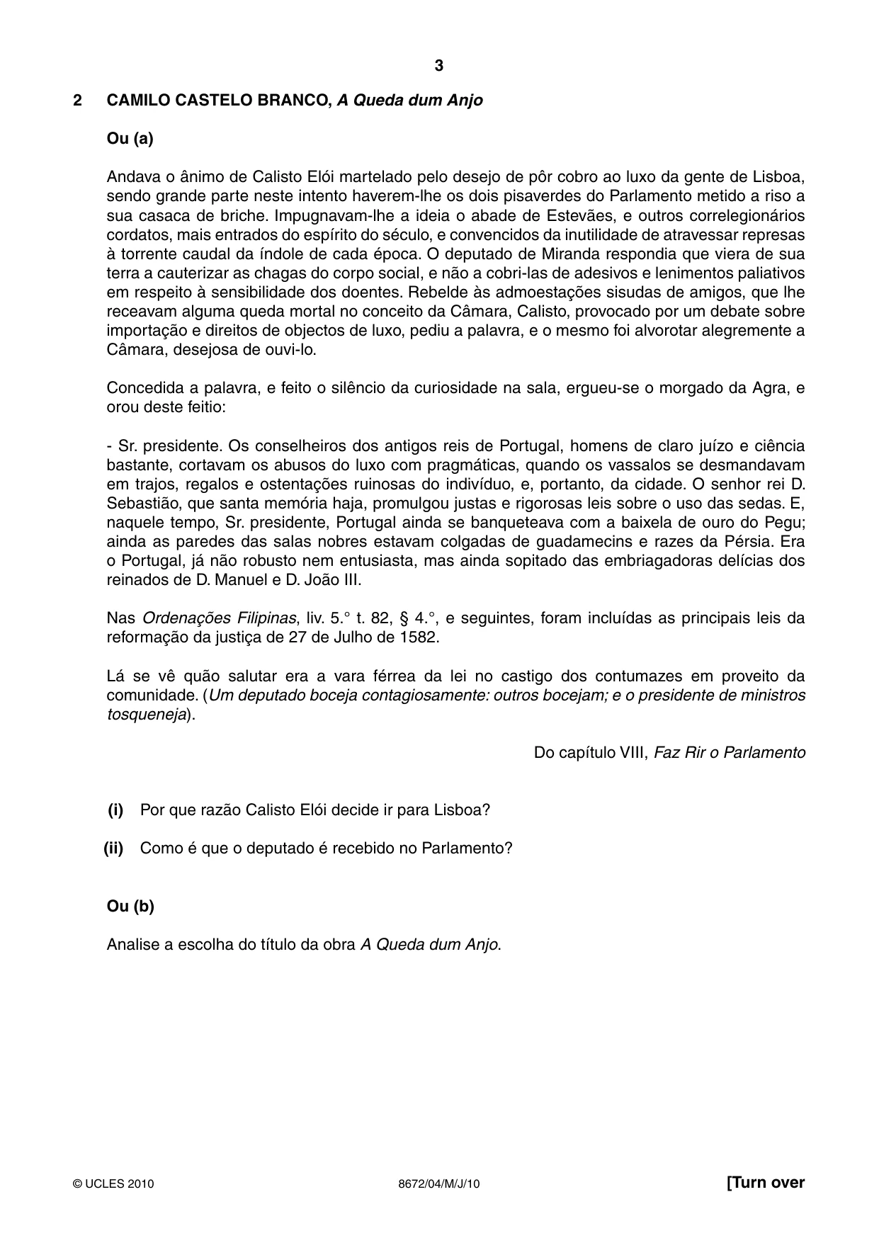 Cambridge A Level Portuguese - Literature (AS Level only) 8672 2010 May/June Paper 4 · Variant 1 question paper, page 3 of 8