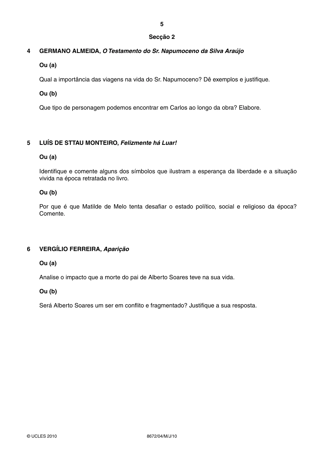 Cambridge A Level Portuguese - Literature (AS Level only) 8672 2010 May/June Paper 4 · Variant 1 question paper, page 5 of 8