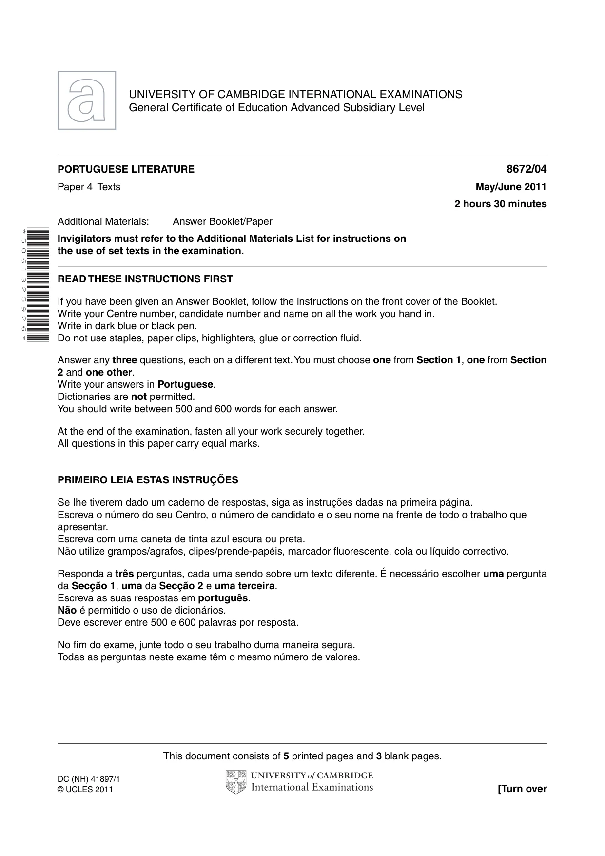 Cambridge A Level Portuguese - Literature (AS Level only) 8672 2011 May/June Paper 4 · Variant 1 question paper, page 1 of 8