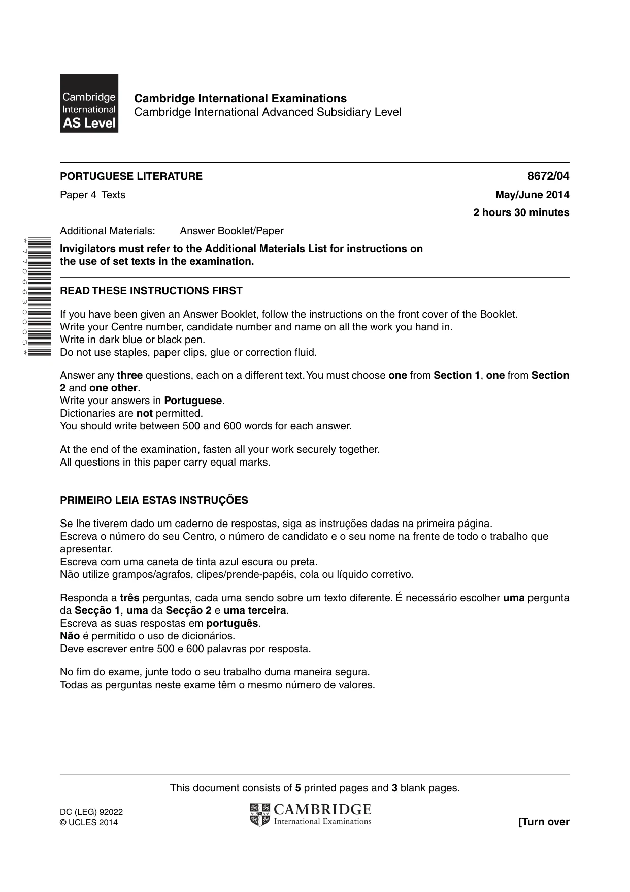 Cambridge A Level Portuguese - Literature (AS Level only) 8672 2014 May/June Paper 4 · Variant 1 question paper, page 1 of 8
