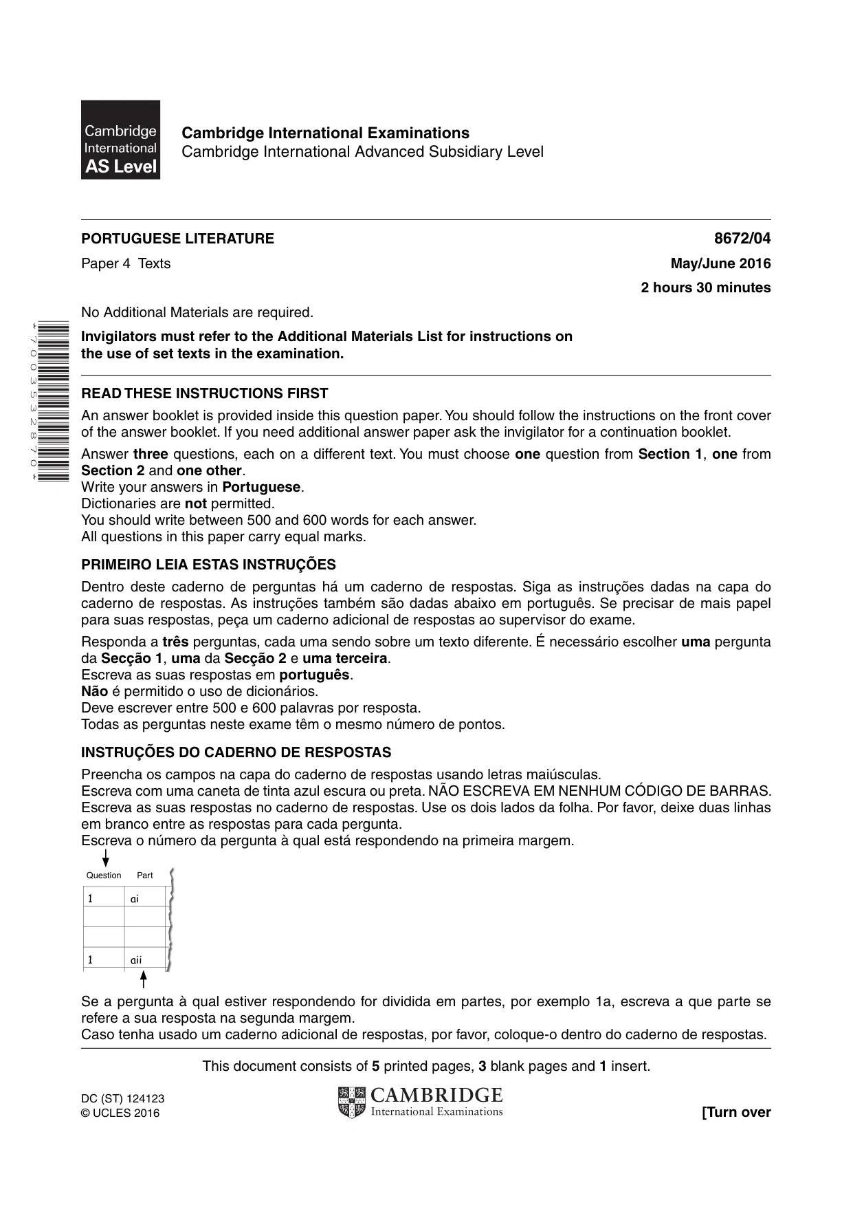 Cambridge A Level Portuguese - Literature (AS Level only) 8672 2016 May/June Paper 4 · Variant 0 question paper, page 1 of 8