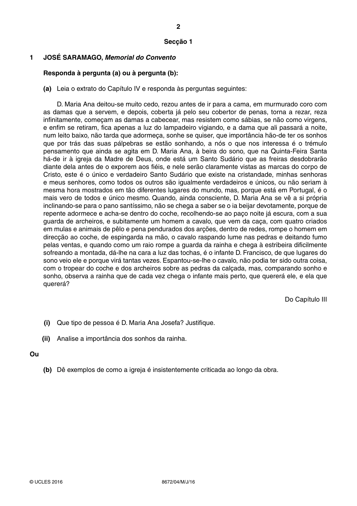 Cambridge A Level Portuguese - Literature (AS Level only) 8672 2016 May/June Paper 4 · Variant 0 question paper, page 2 of 8