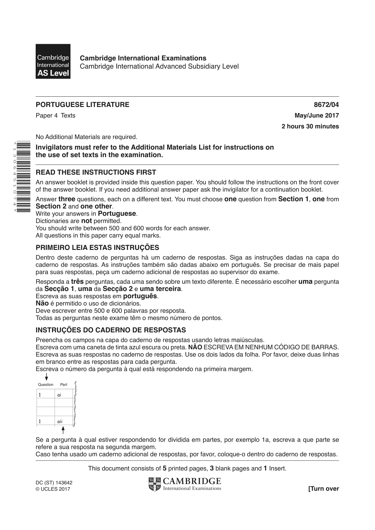 Cambridge A Level Portuguese - Literature (AS Level only) 8672 2017 May/June Paper 4 · Variant 1 question paper, page 1 of 8