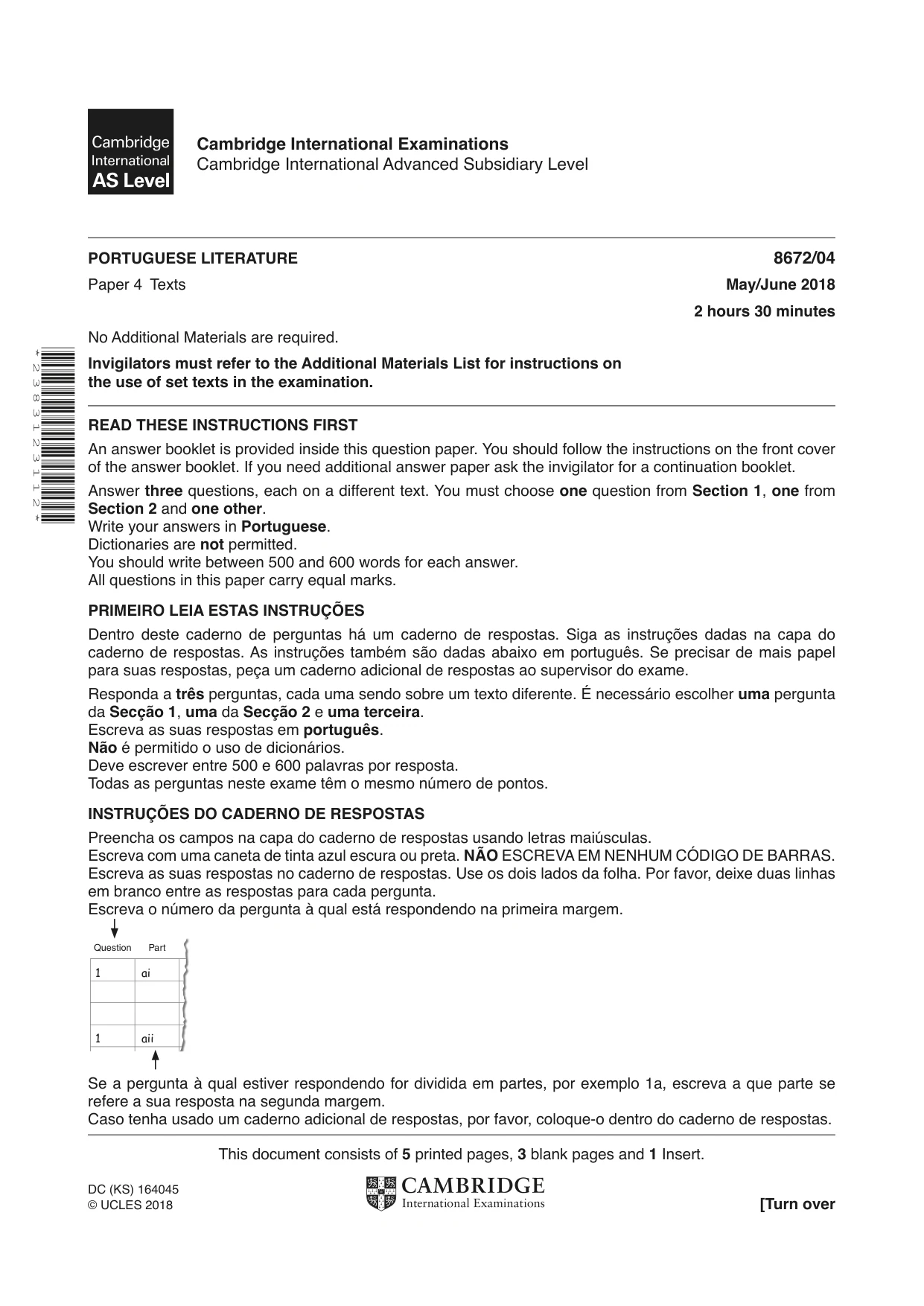 Cambridge A Level Portuguese - Literature (AS Level only) 8672 2018 May/June Paper 4 · Variant 0 question paper, page 1 of 8