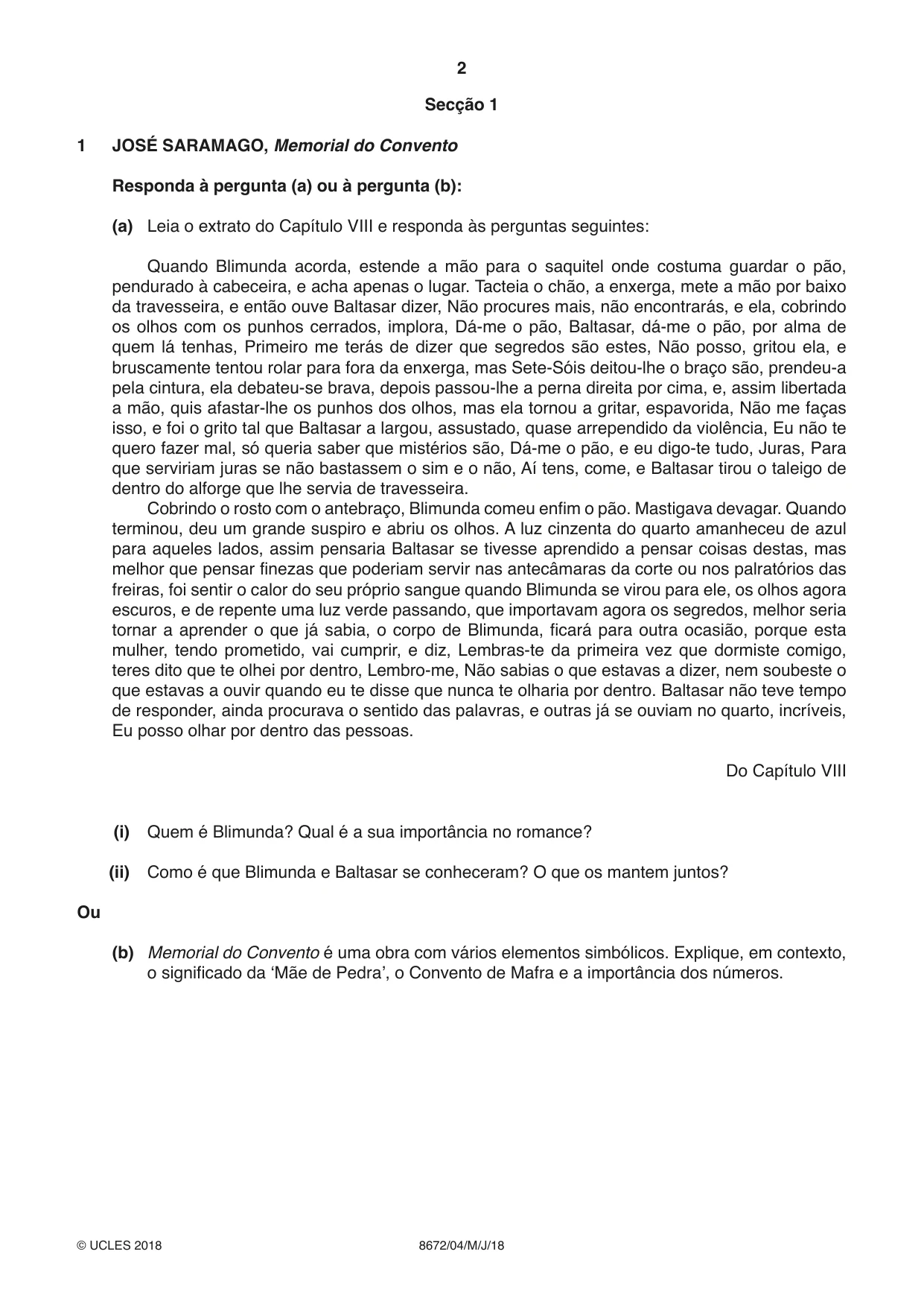 Cambridge A Level Portuguese - Literature (AS Level only) 8672 2018 May/June Paper 4 · Variant 0 question paper, page 2 of 8