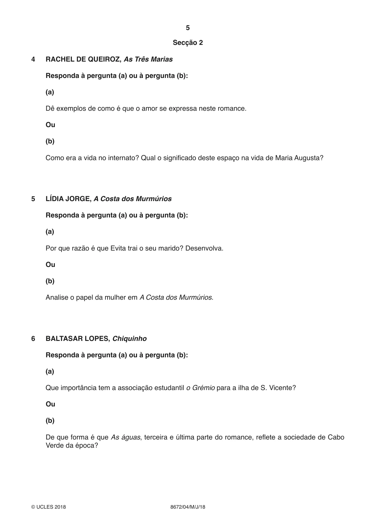 Cambridge A Level Portuguese - Literature (AS Level only) 8672 2018 May/June Paper 4 · Variant 0 question paper, page 5 of 8