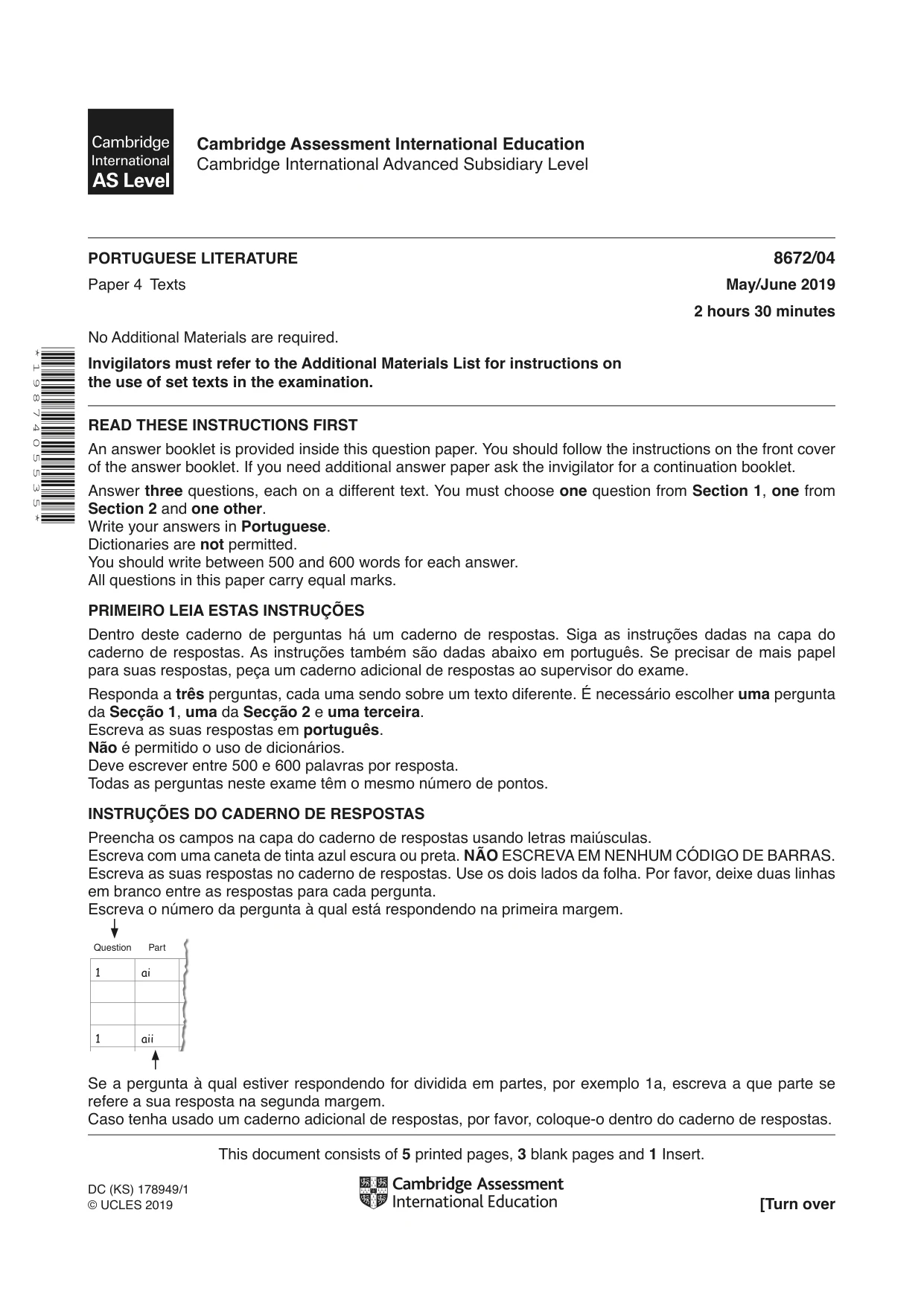Cambridge A Level Portuguese - Literature (AS Level only) 8672 2019 May/June Paper 4 · Variant 1 question paper, page 1 of 8