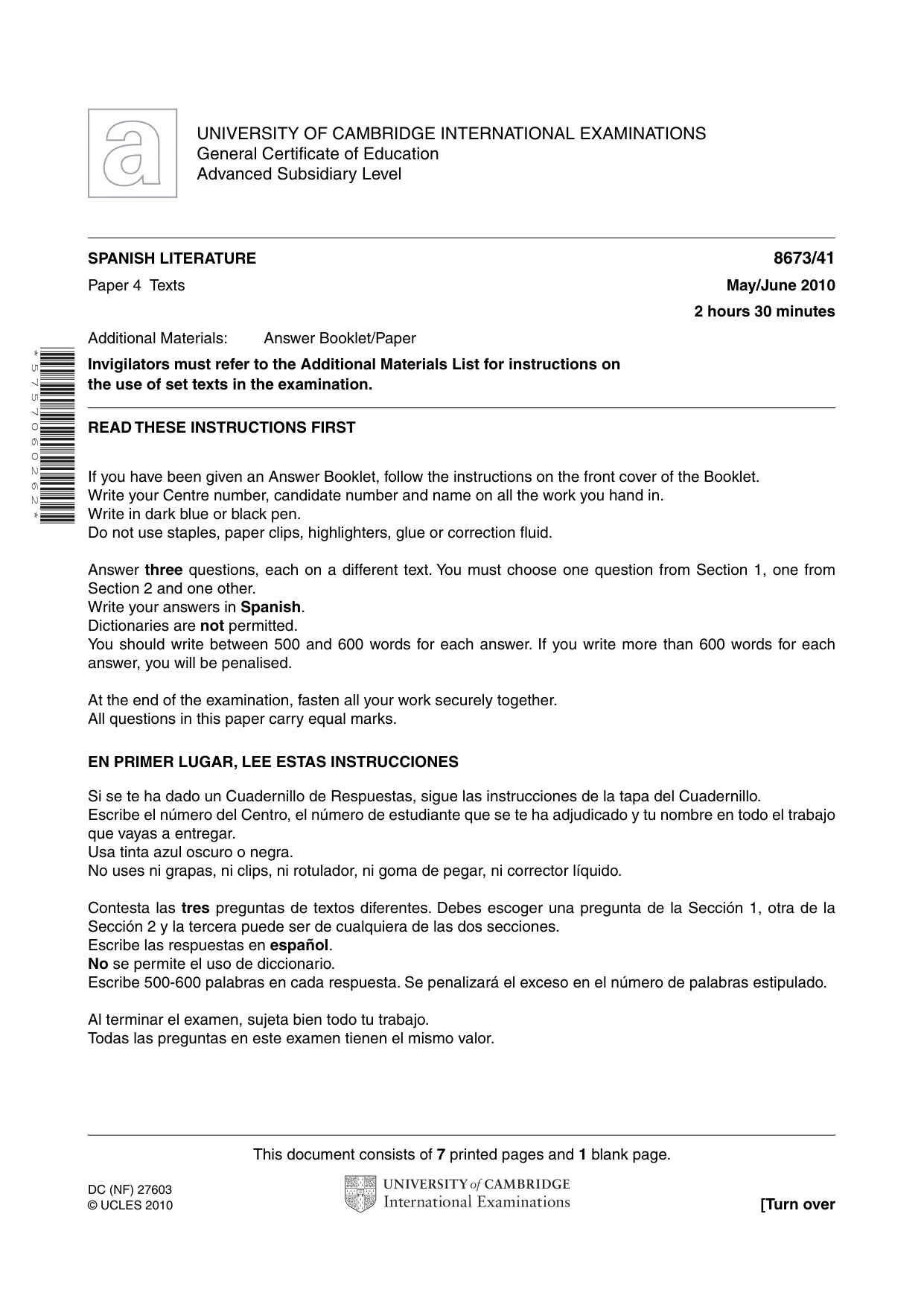 Cambridge A Level Spanish - Literature (AS Level only) 8673 2010 May/June Paper 4 · Variant 1 question paper, page 1 of 8