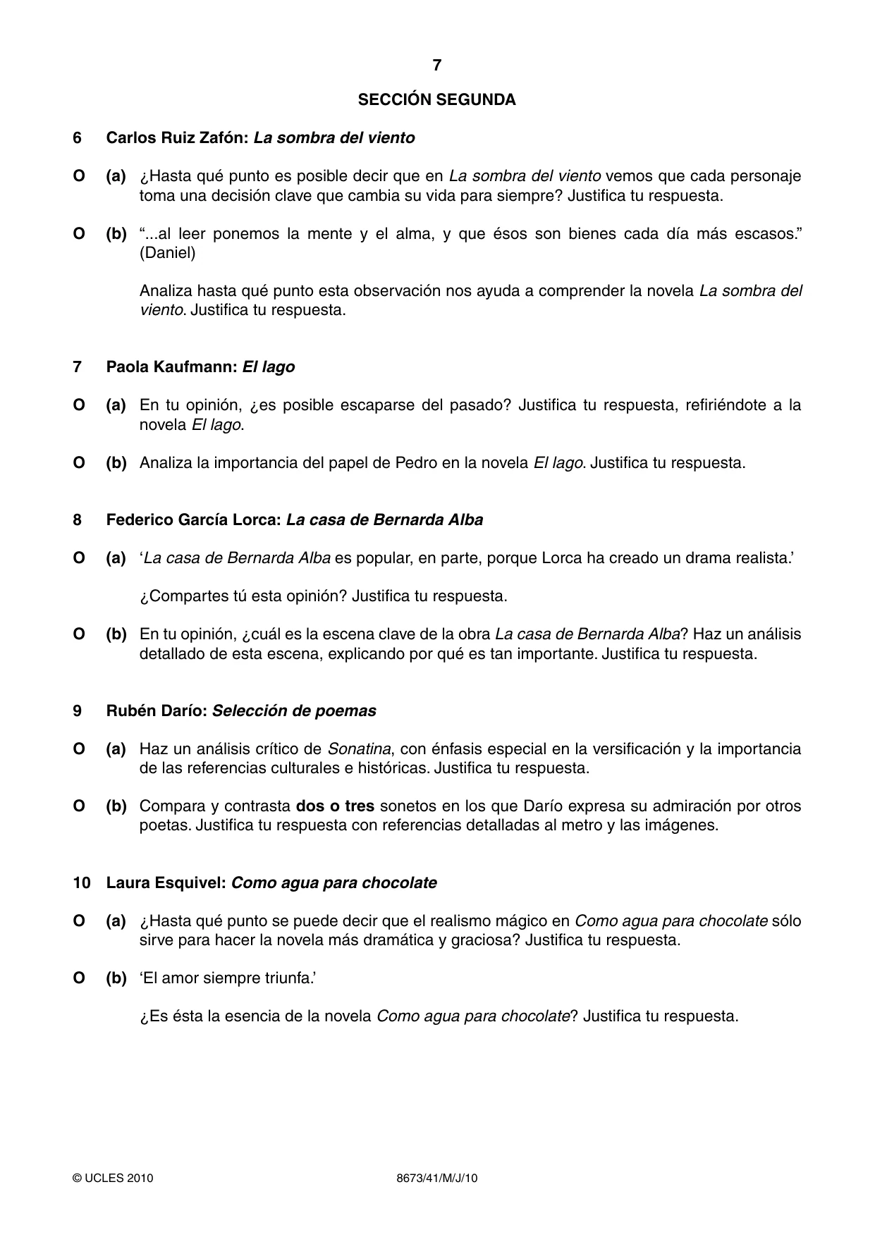 Cambridge A Level Spanish - Literature (AS Level only) 8673 2010 May/June Paper 4 · Variant 1 question paper, page 7 of 8
