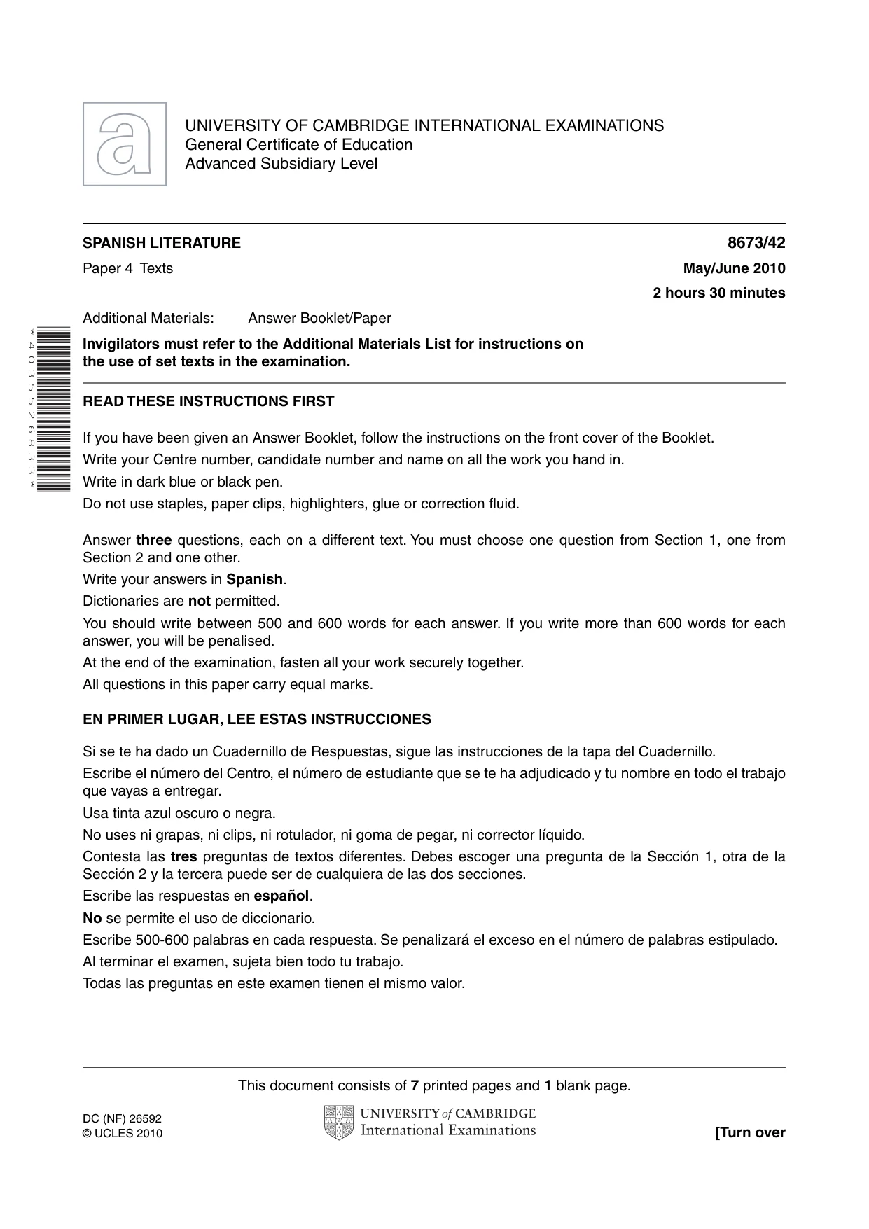 Cambridge A Level Spanish - Literature (AS Level only) 8673 2010 May/June Paper 4 · Variant 2 question paper, page 1 of 8