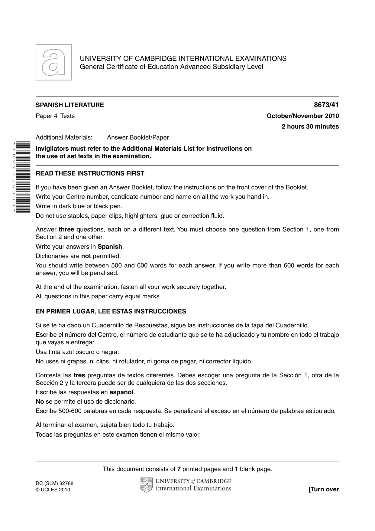 Cambridge A Level Spanish - Literature (AS Level only) 8673 2010 Oct/Nov Paper 4 · Variant 1 question paper, page 1 of 8