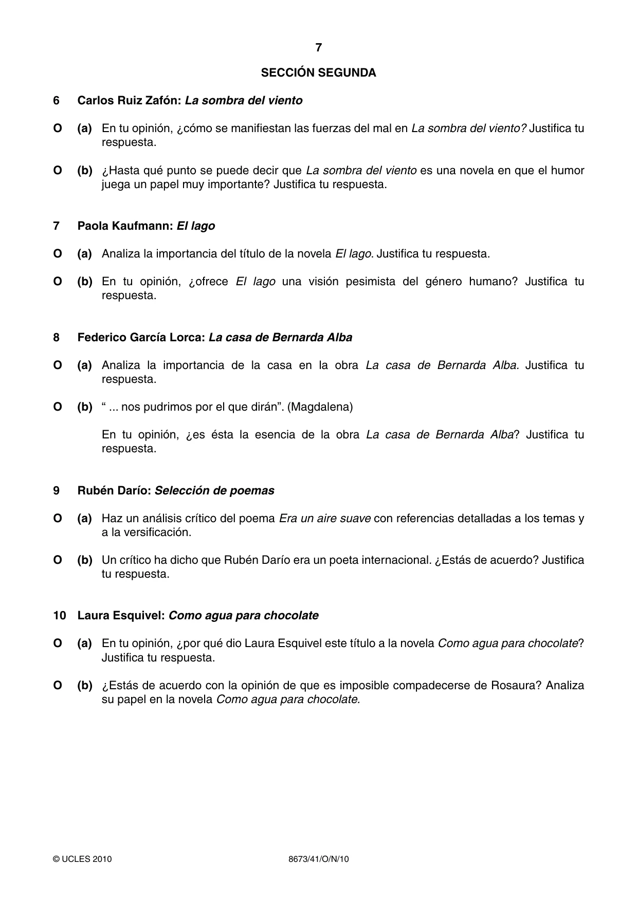 Cambridge A Level Spanish - Literature (AS Level only) 8673 2010 Oct/Nov Paper 4 · Variant 1 question paper, page 7 of 8