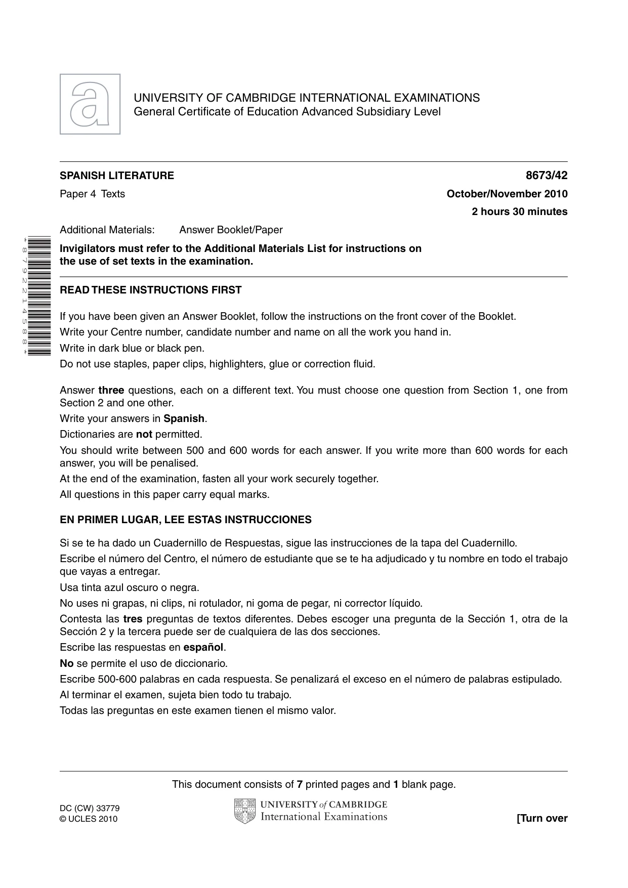 Cambridge A Level Spanish - Literature (AS Level only) 8673 2010 Oct/Nov Paper 4 · Variant 2 question paper, page 1 of 8