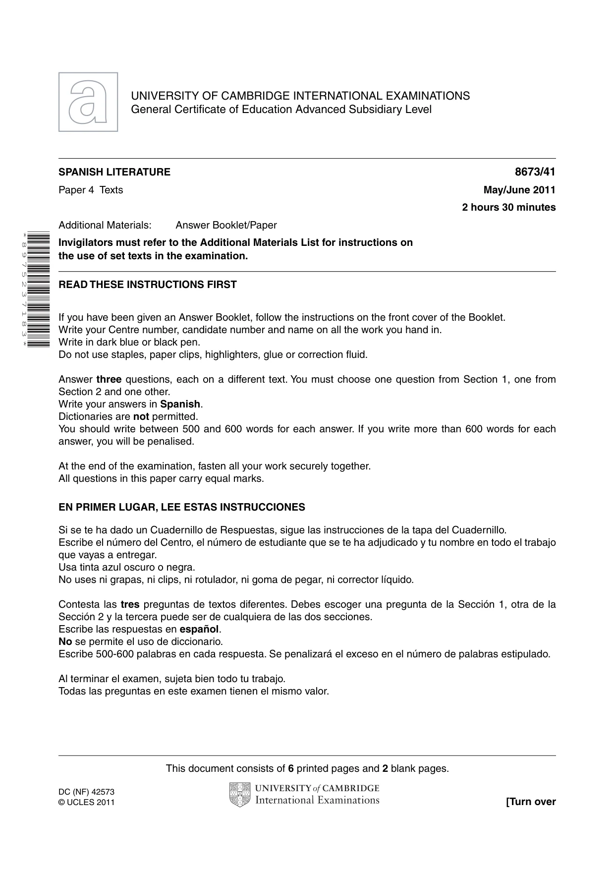 Cambridge A Level Spanish - Literature (AS Level only) 8673 2011 May/June Paper 4 · Variant 1 question paper, page 1 of 8