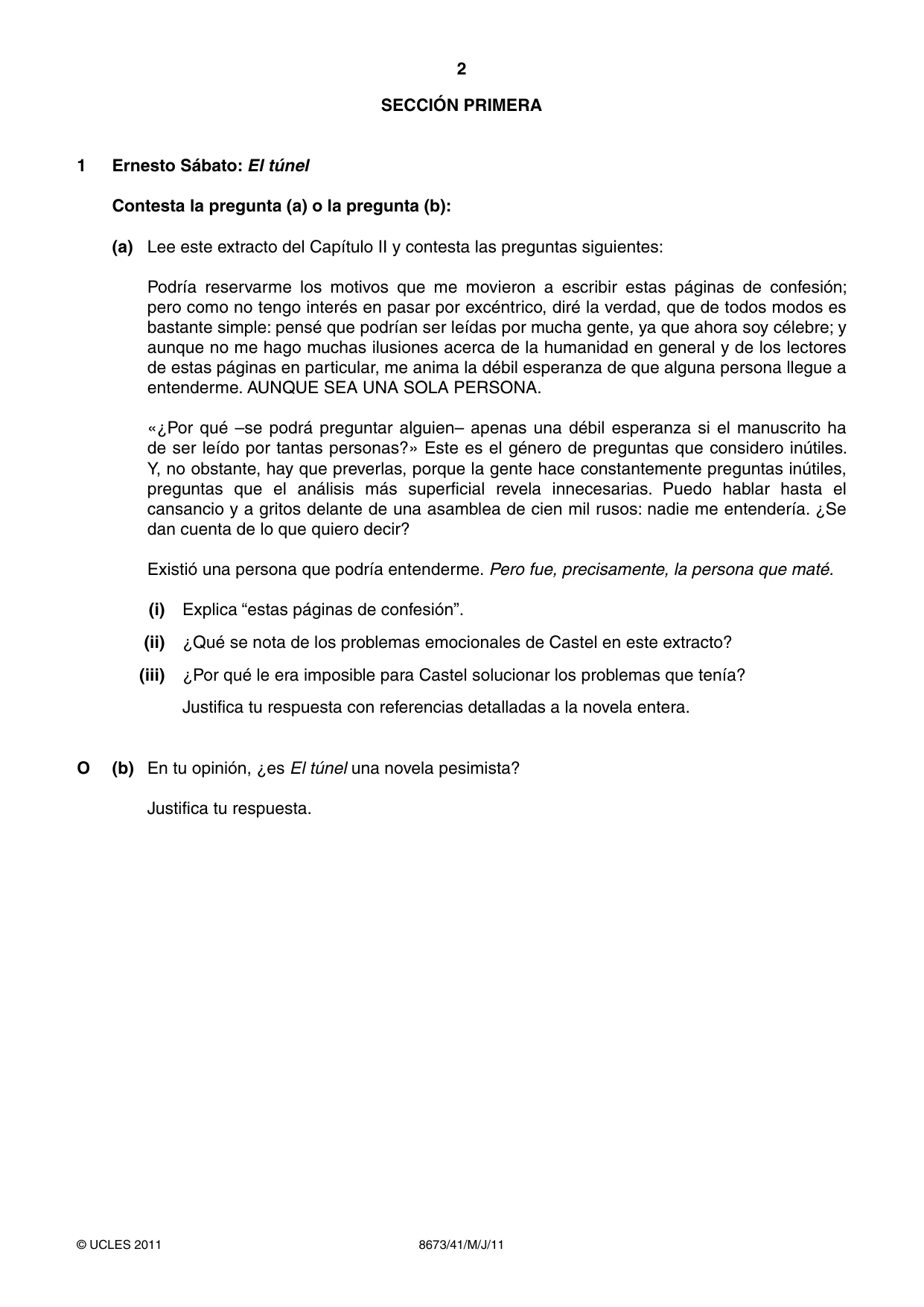 Cambridge A Level Spanish - Literature (AS Level only) 8673 2011 May/June Paper 4 · Variant 1 question paper, page 2 of 8