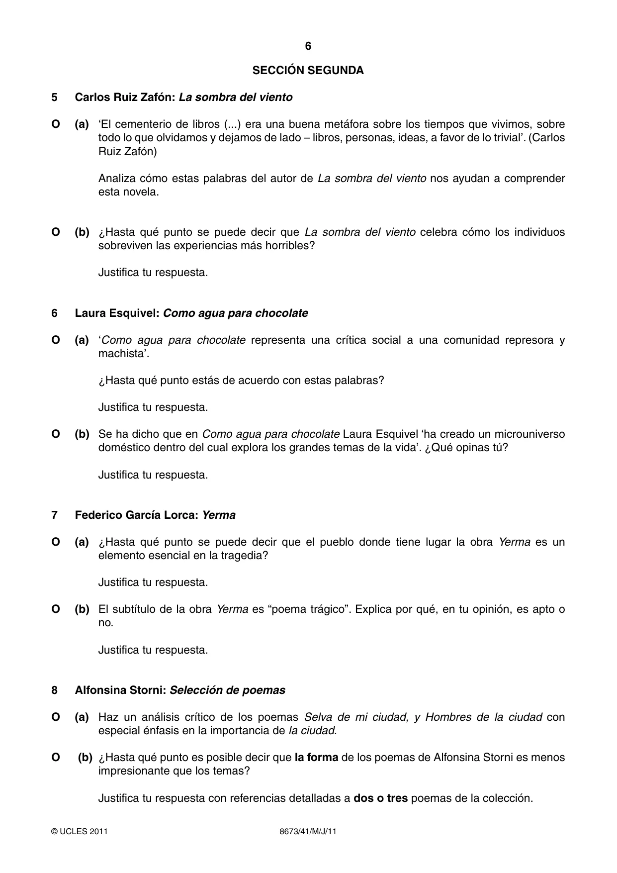 Cambridge A Level Spanish - Literature (AS Level only) 8673 2011 May/June Paper 4 · Variant 1 question paper, page 6 of 8