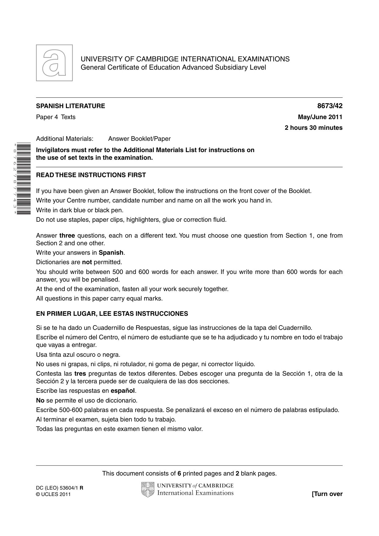 Cambridge A Level Spanish - Literature (AS Level only) 8673 2011 May/June Paper 4 · Variant 2 question paper, page 1 of 8
