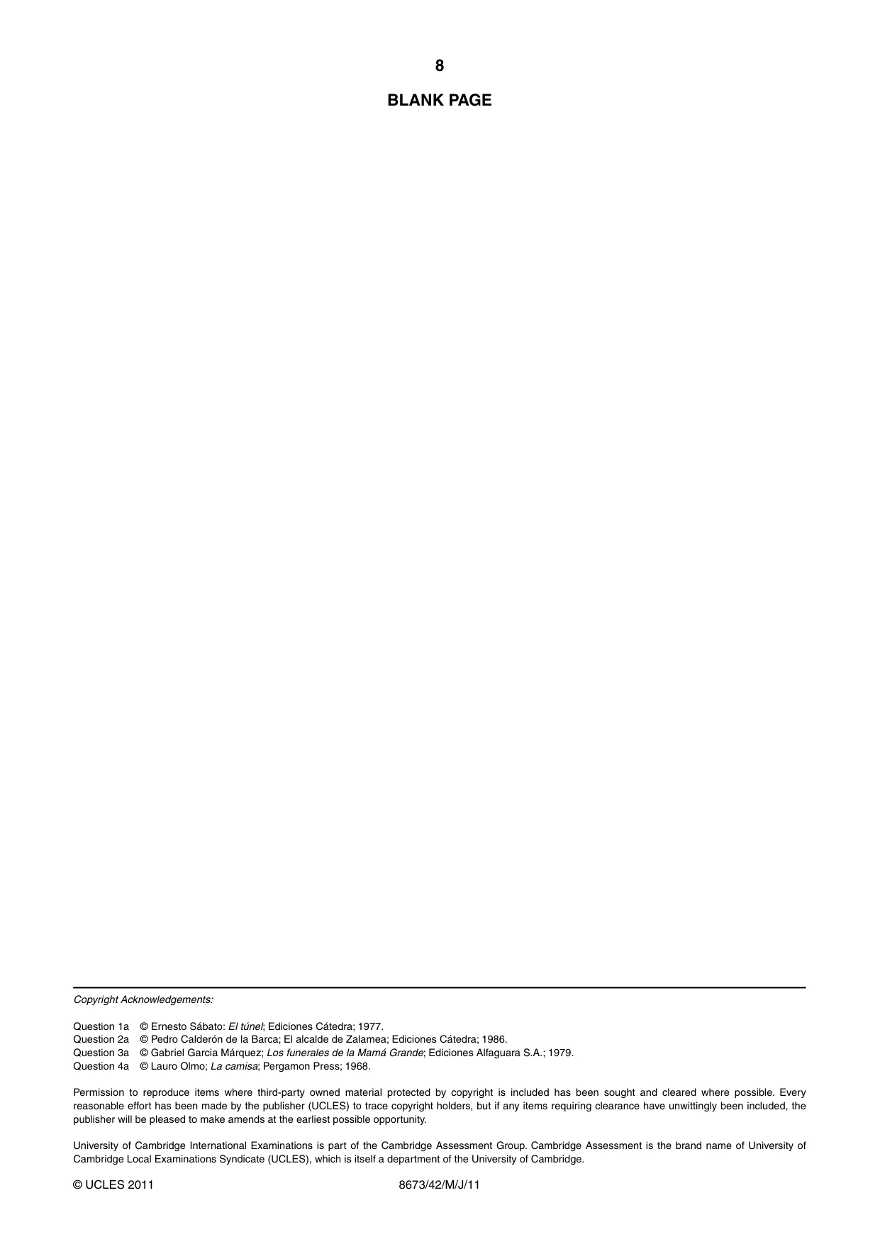 Cambridge A Level Spanish - Literature (AS Level only) 8673 2011 May/June Paper 4 · Variant 2 question paper, page 8 of 8