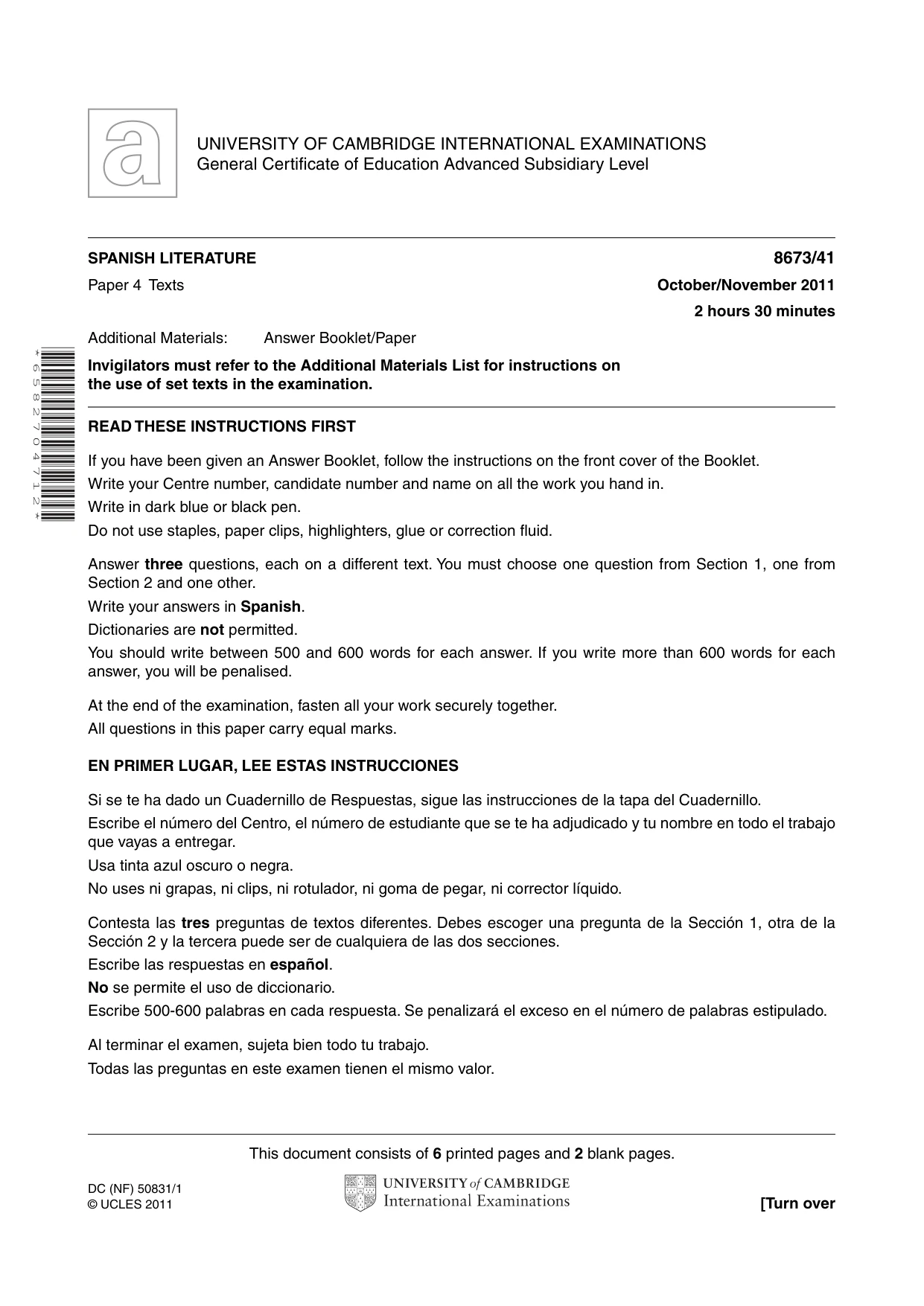 Cambridge A Level Spanish - Literature (AS Level only) 8673 2011 Oct/Nov Paper 4 · Variant 1 question paper, page 1 of 8