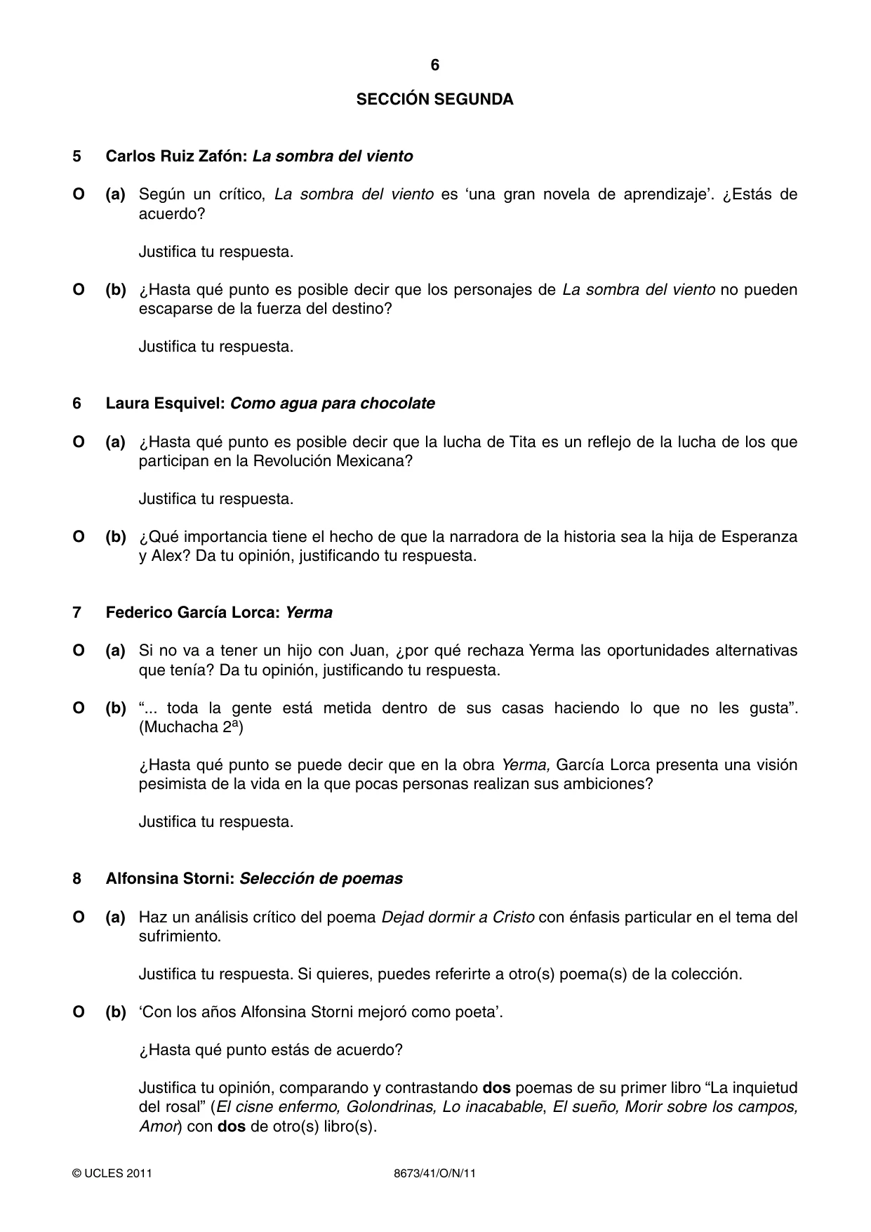 Cambridge A Level Spanish - Literature (AS Level only) 8673 2011 Oct/Nov Paper 4 · Variant 1 question paper, page 6 of 8