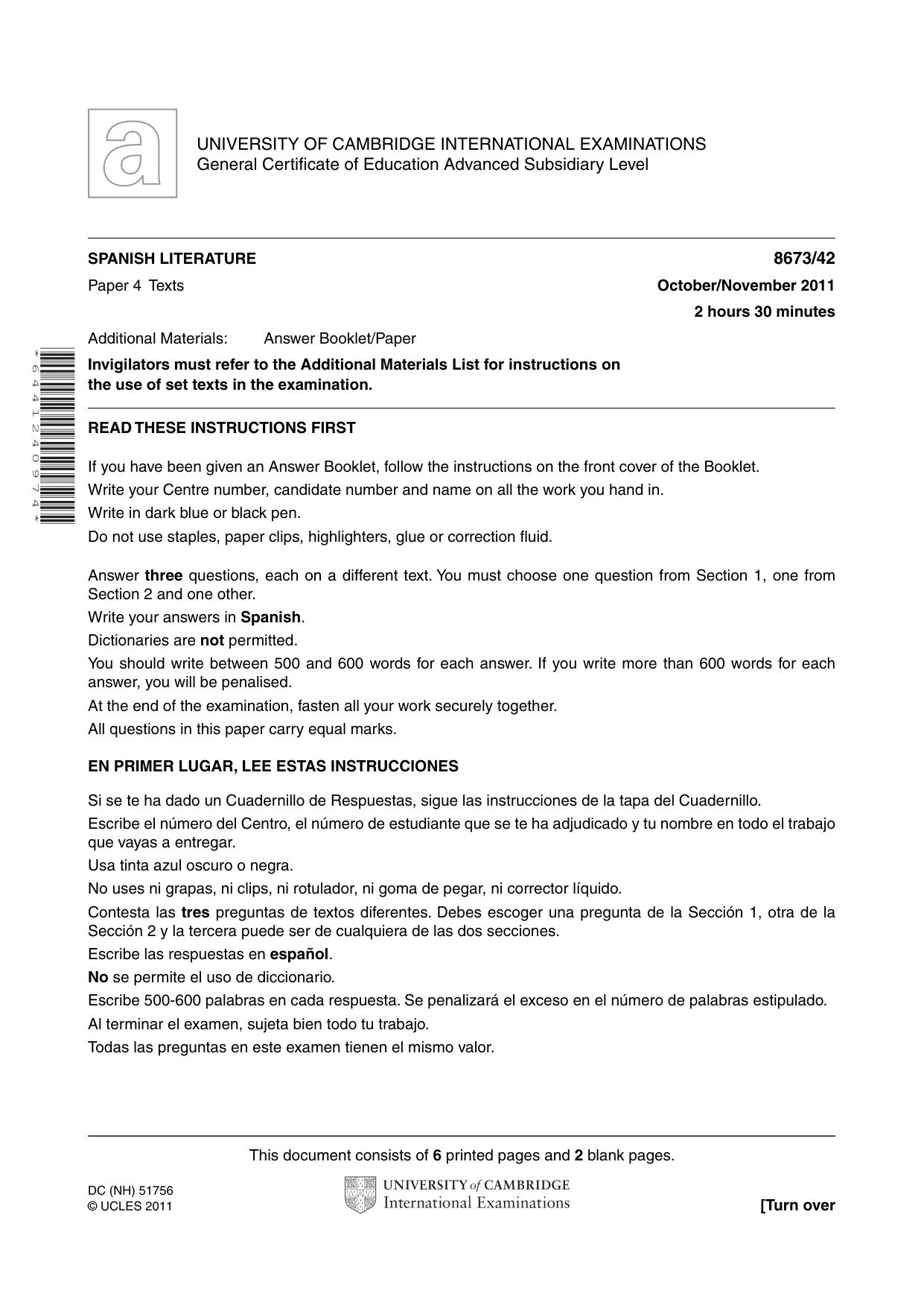 Cambridge A Level Spanish - Literature (AS Level only) 8673 2011 Oct/Nov Paper 4 · Variant 2 question paper, page 1 of 8