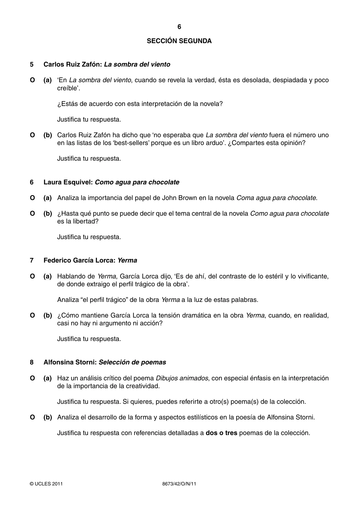 Cambridge A Level Spanish - Literature (AS Level only) 8673 2011 Oct/Nov Paper 4 · Variant 2 question paper, page 6 of 8
