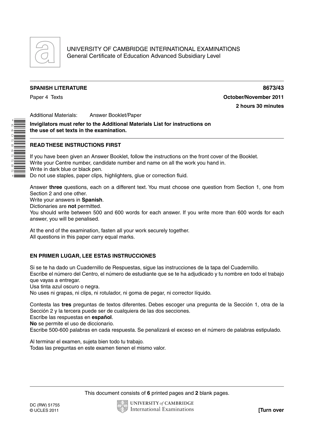 Cambridge A Level Spanish - Literature (AS Level only) 8673 2011 Oct/Nov Paper 4 · Variant 3 question paper, page 1 of 8