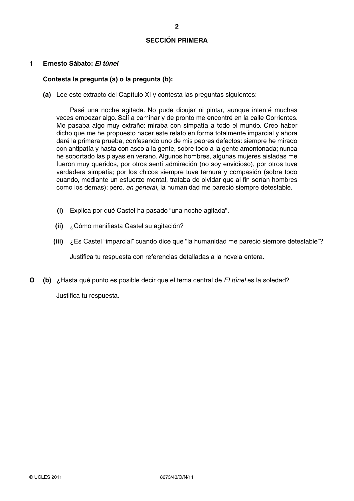 Cambridge A Level Spanish - Literature (AS Level only) 8673 2011 Oct/Nov Paper 4 · Variant 3 question paper, page 2 of 8