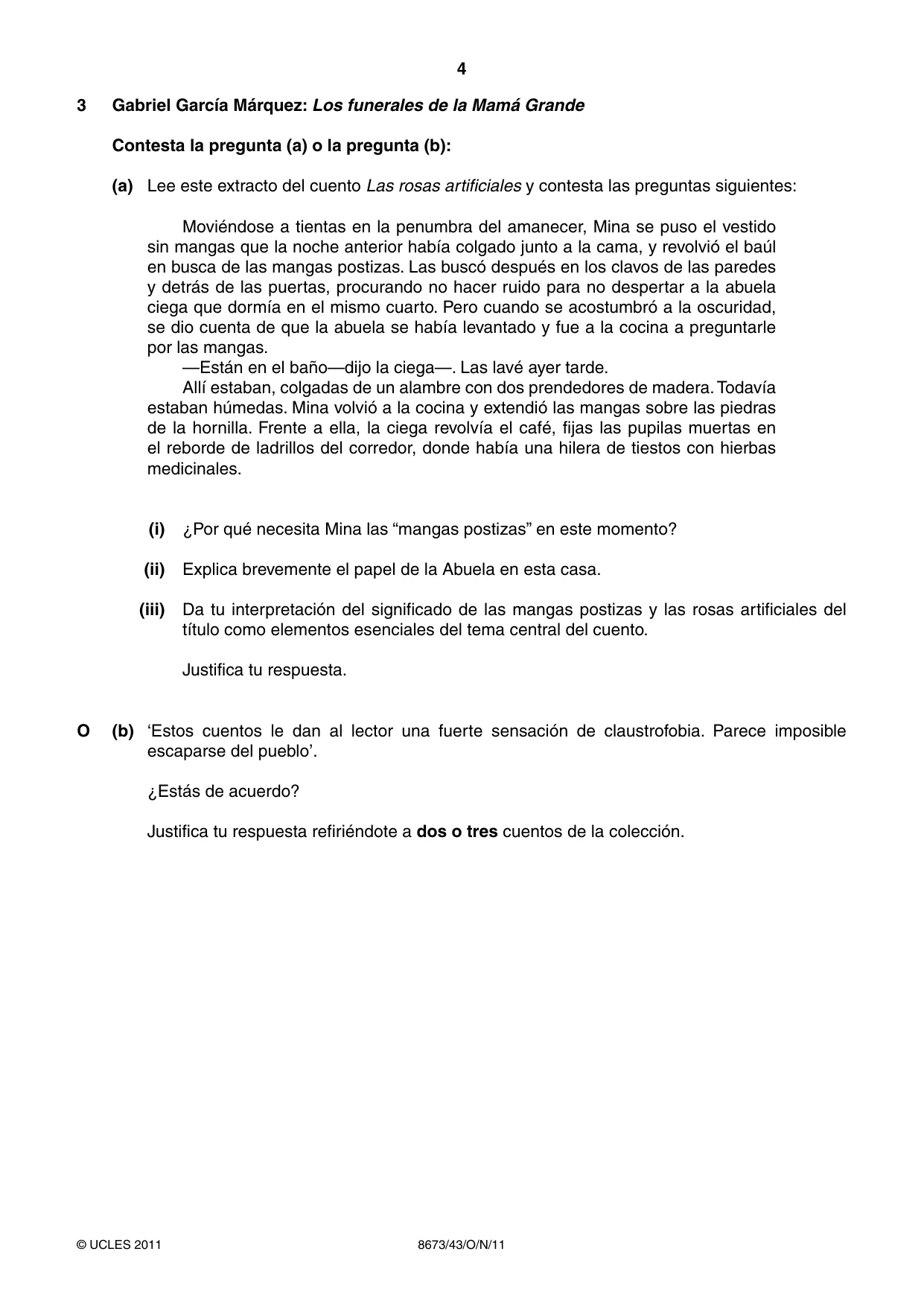 Cambridge A Level Spanish - Literature (AS Level only) 8673 2011 Oct/Nov Paper 4 · Variant 3 question paper, page 4 of 8