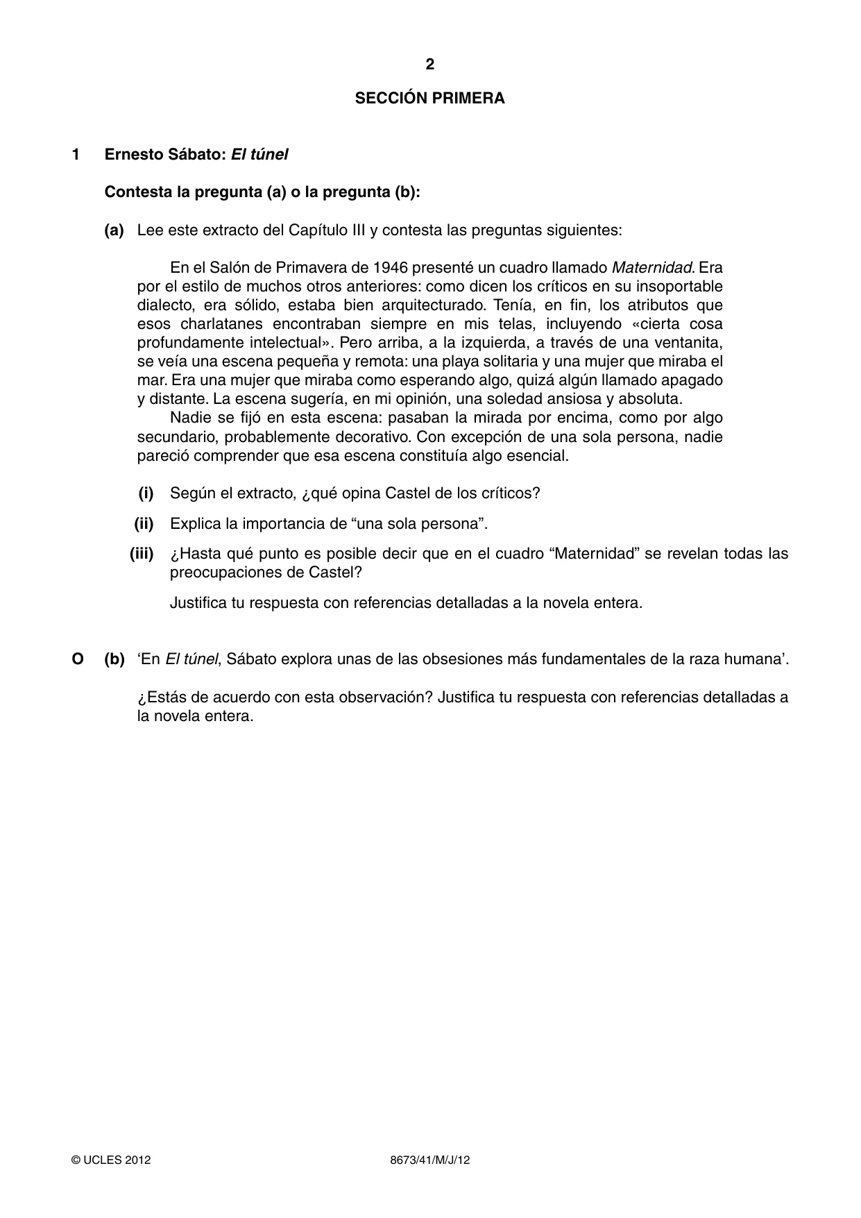 Cambridge A Level Spanish - Literature (AS Level only) 8673 2012 May/June Paper 4 · Variant 1 question paper, page 2 of 8