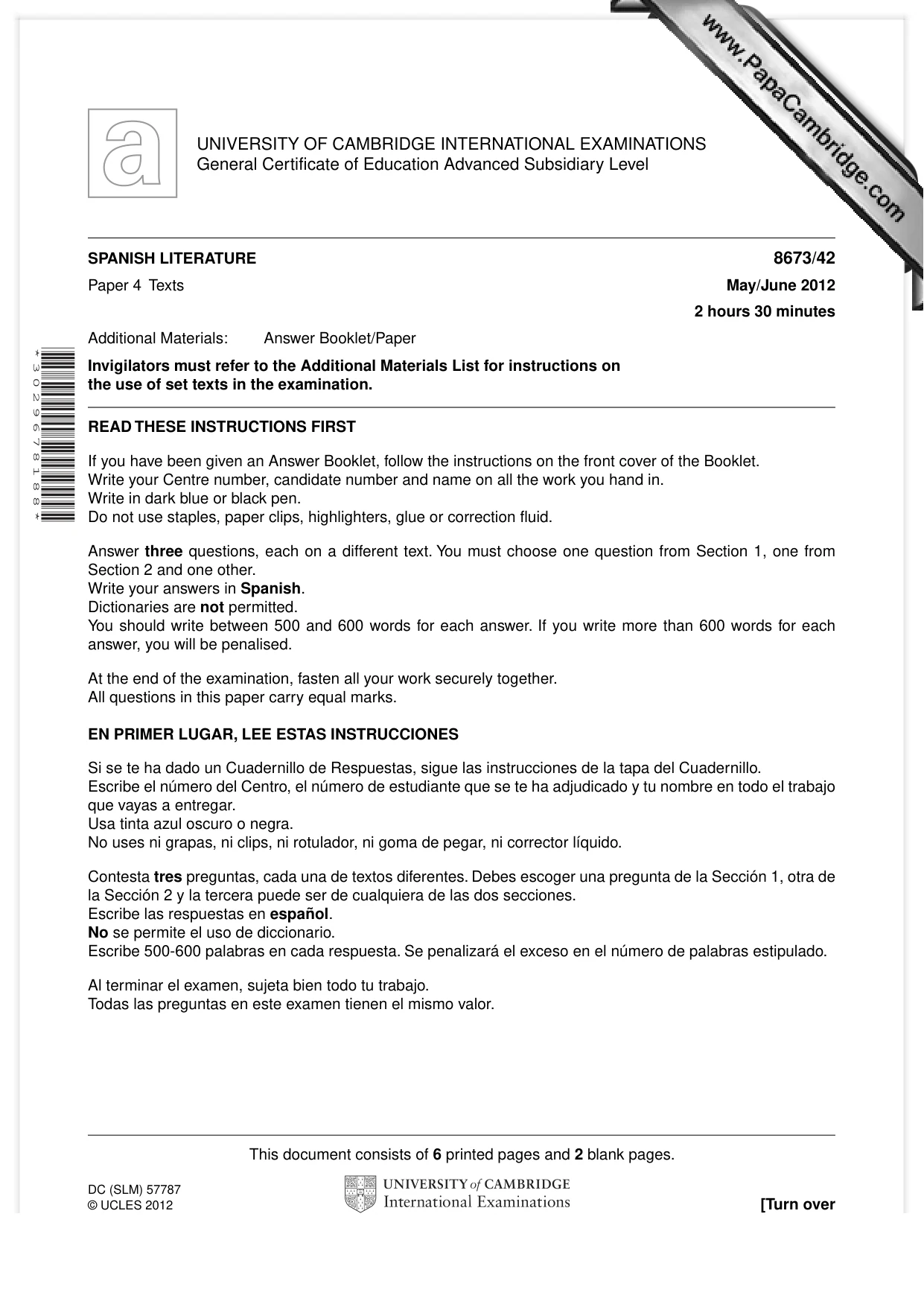 Cambridge A Level Spanish - Literature (AS Level only) 8673 2012 May/June Paper 4 · Variant 2 question paper, page 1 of 8